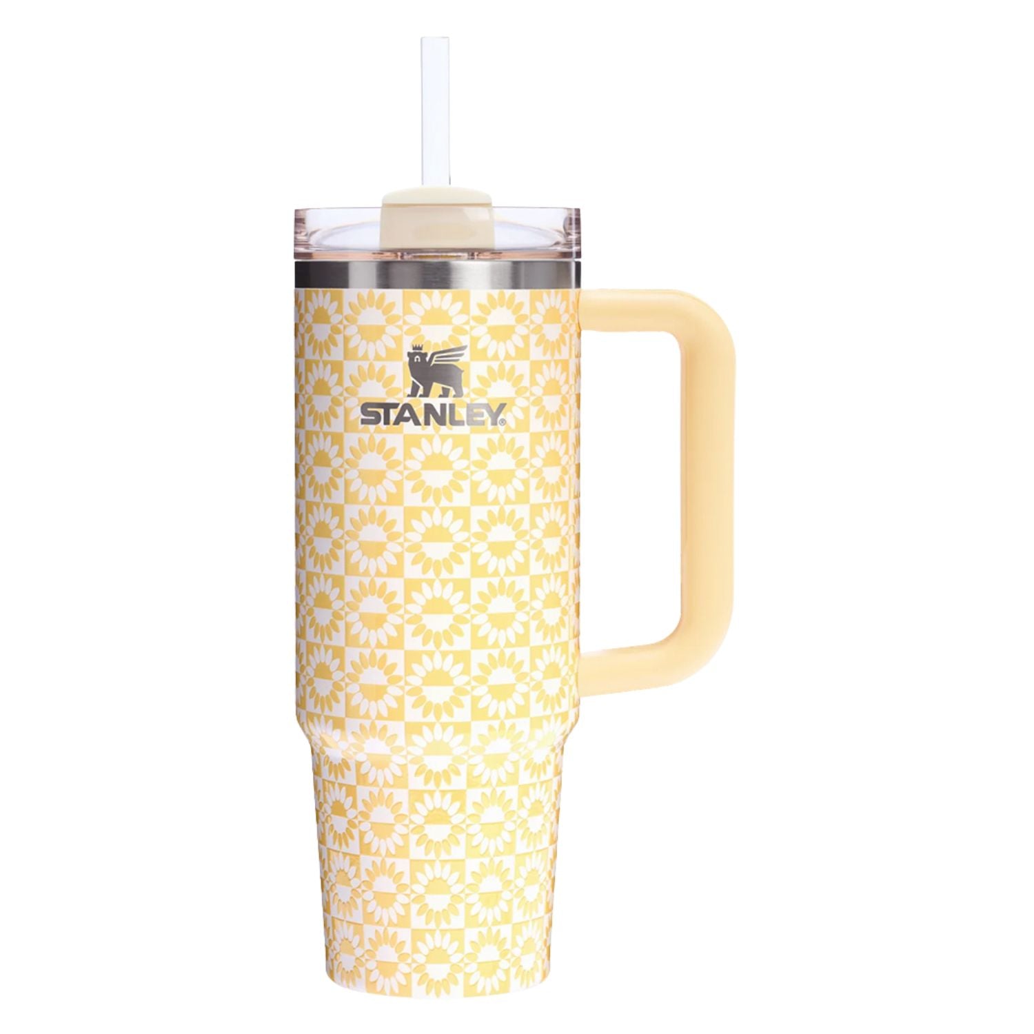 Stanley Quencher Butter Sunflower – stalowy kubek termiczny ze słomką, idealny do auta, biura i na siłownię, 890 ml, stal nierdzewna, długie trzymanie temperatury, kolor: żółty