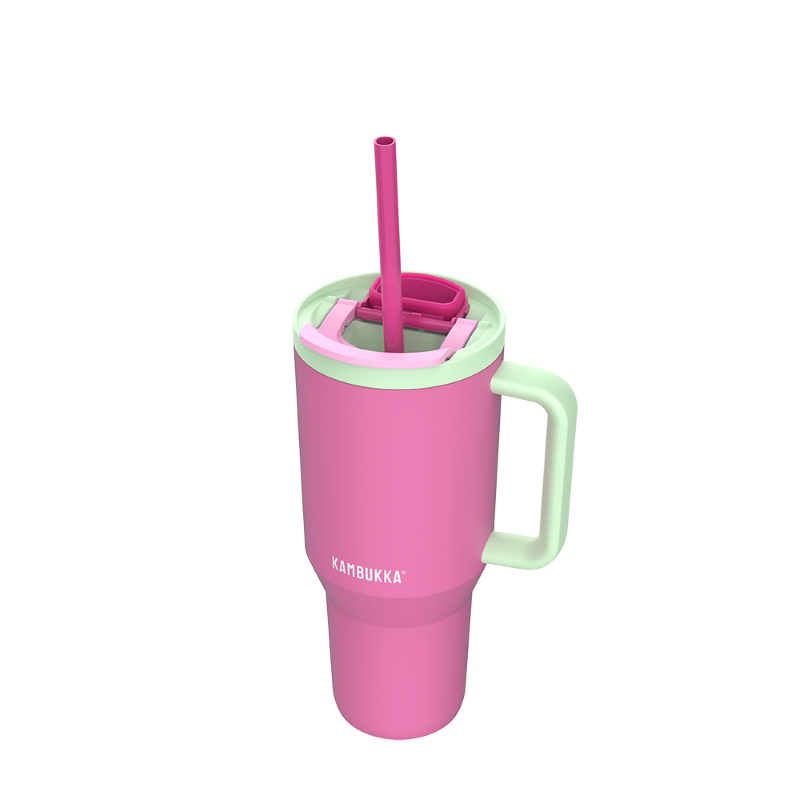 Kambukka Rio Bubblegum Mint – kubek termiczny 950 ml, stal 18/8, chłód 24 h, picie klasyczne lub przez słomkę, szczelny, pasuje do uchwytów auta, kolor: różowy