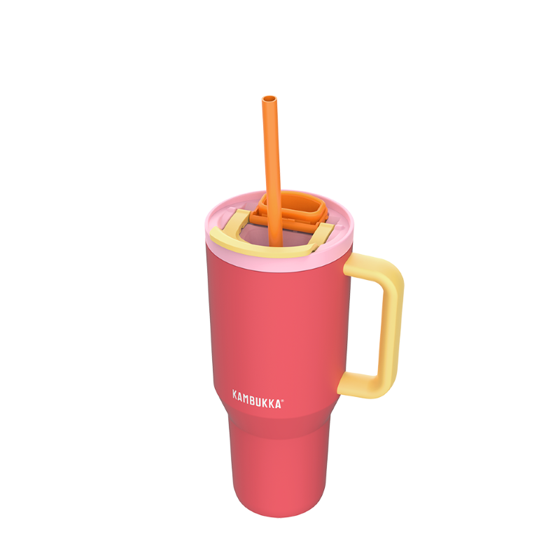 Kambukka Rio Pink Papaya – kubek termiczny 950 ml, stal 18/8, chłód 24 h, picie klasyczne lub przez słomkę, szczelny, pasuje do uchwytów auta, kolor: czerwony