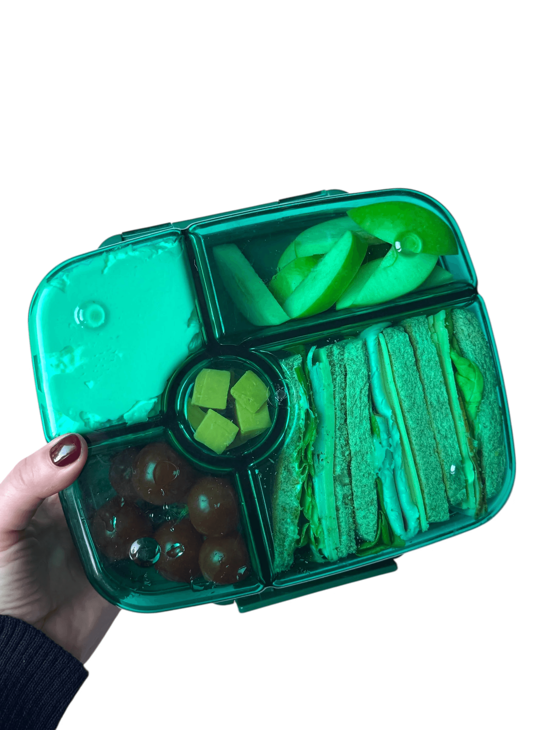 Pojemnik z przegródkami na owoce, orzechy i kanapki Yumbox Go w kolorze zielonym