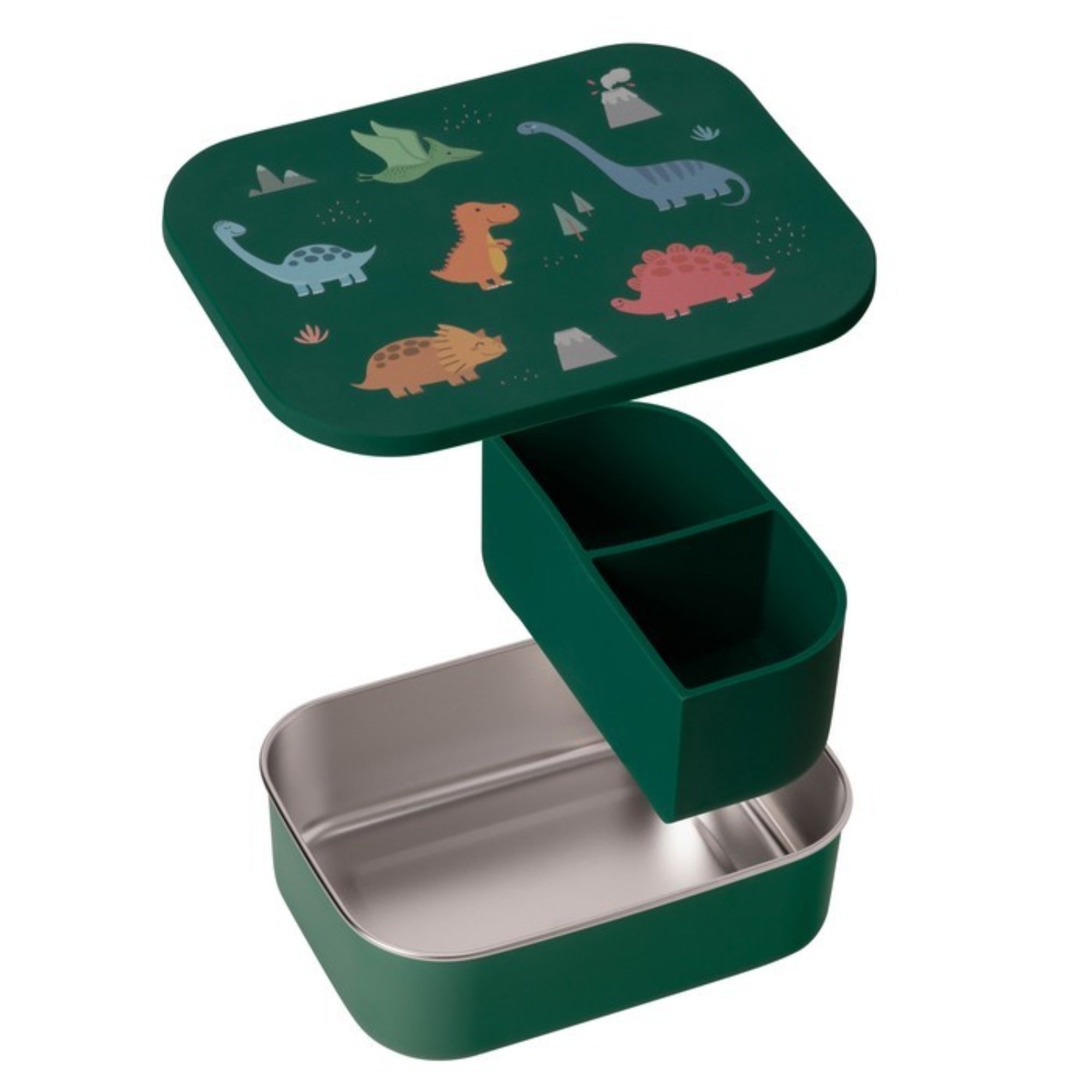 Lunchbox dla dzieci Lund London Dino – zielony pojemnik z przegródkami, stal nierdzewna, idealny do szkoły i przedszkola