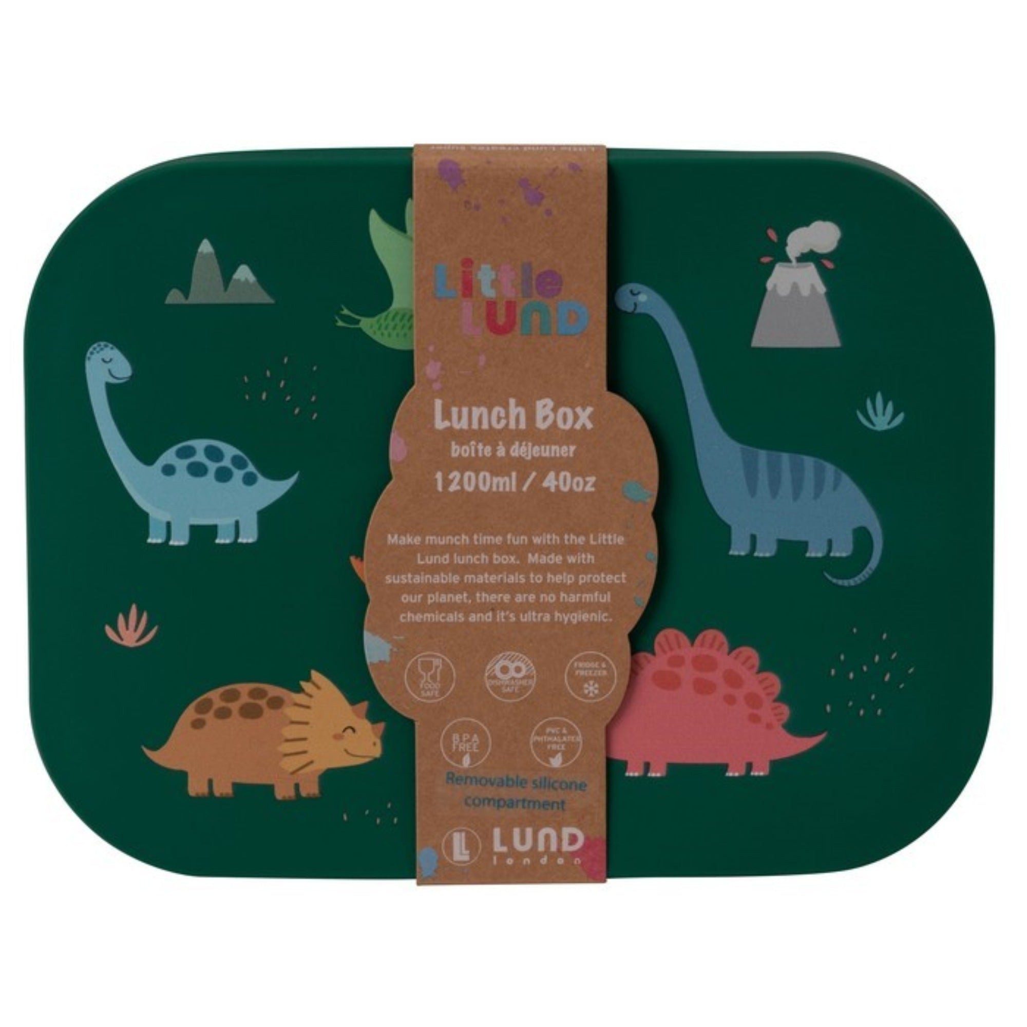 Lunchbox dla dzieci Lund London Dino – zielony pojemnik z przegródkami, stal nierdzewna, idealny do szkoły i przedszkola