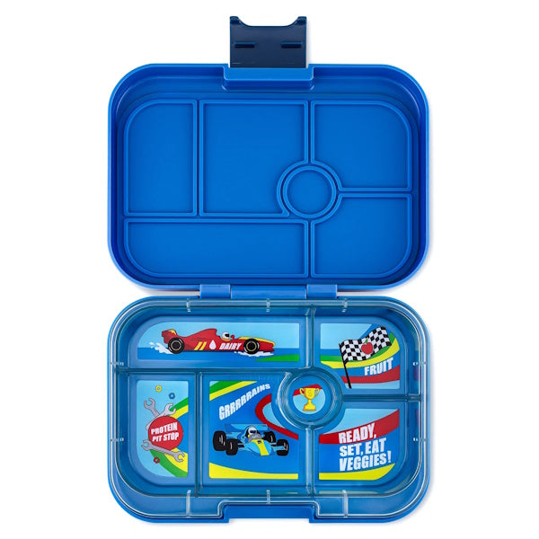 Yumbox Original Surf Blue/Race cars lunchbox z 6 przegródkami, bezpieczny i idealny na różnorodne i szczelnie zapakowane posiłki, kolor: niebieski