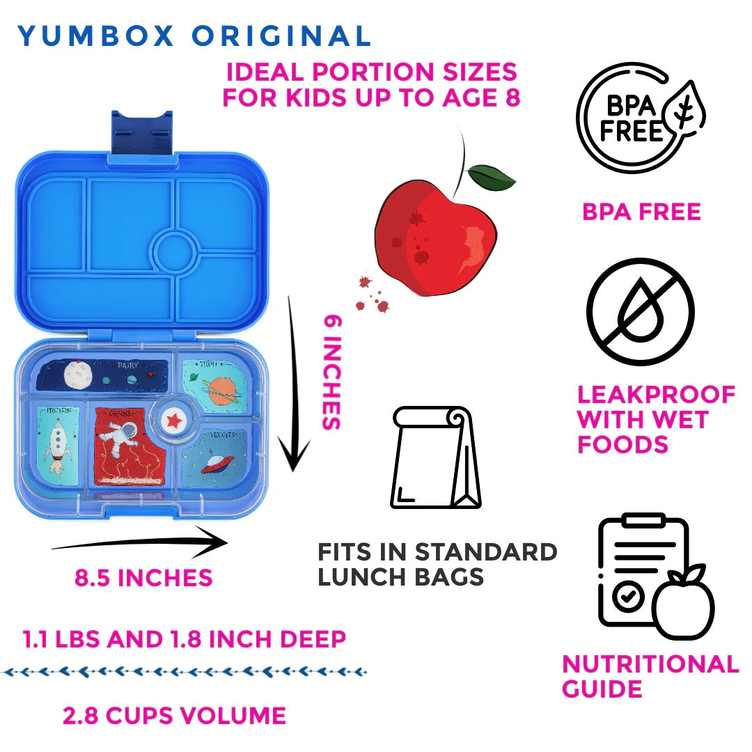 Yumbox Original Surf Blue / Rocket – lunchbox z 6 przegródkami, bezpieczny i idealny na różnorodne i szczelnie zapakowane posiłki, kolor: niebieski