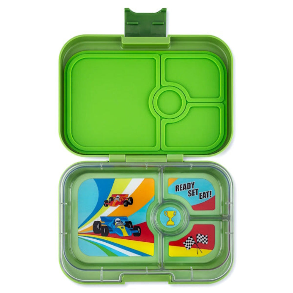 Yumbox Panino śniadaniówka dla dzieci Matcha Green / Race Cars – 4 przegródki, szczelna pokrywka, idealny lunchbox do szkoły i przedszkola, kolor: zielony