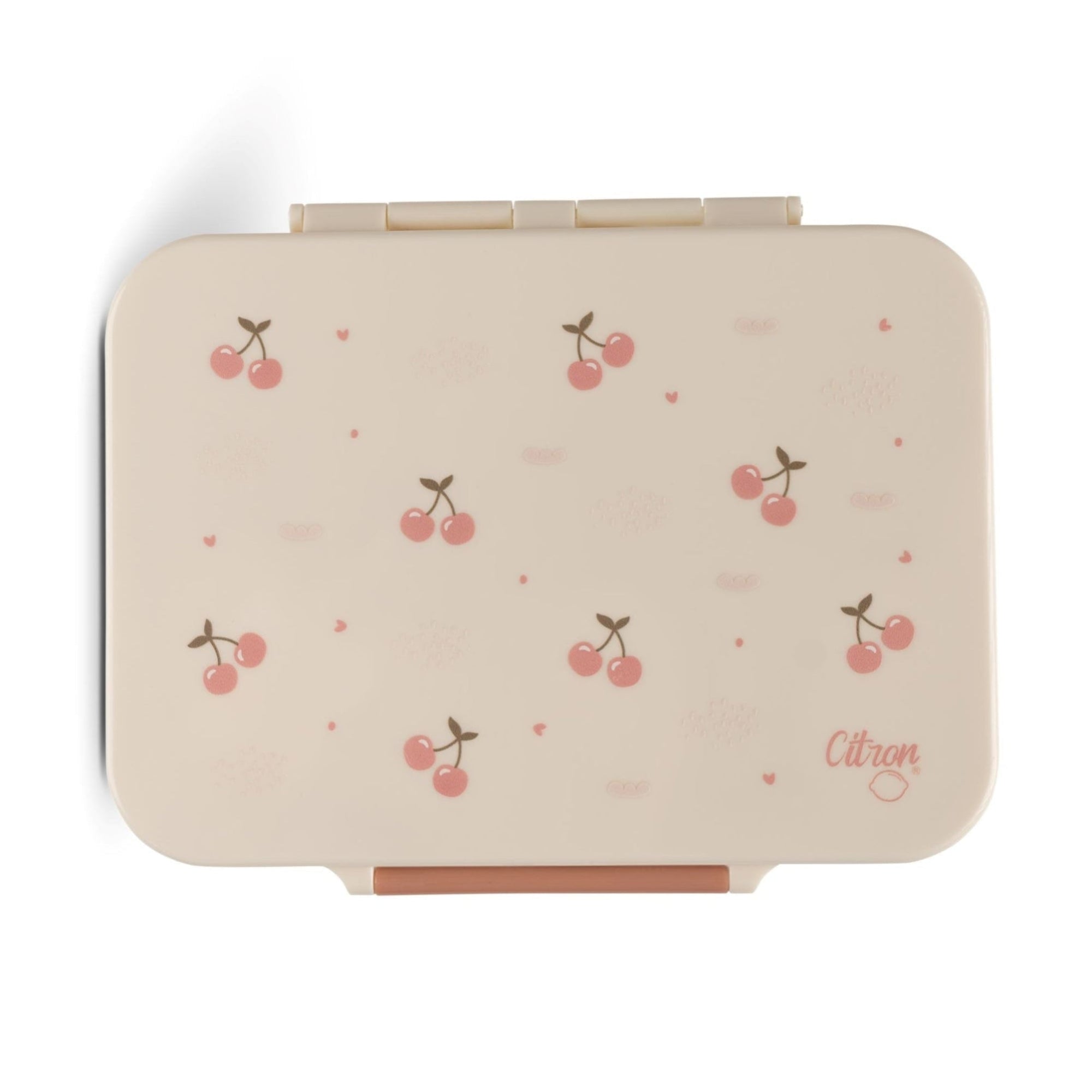 Lunchbox tritanowy Citron Cherry 4-komorowy, 700 ml – szczelny, lekki, bez BPA, wzór: czereśnie, z pojemnikiem na sos