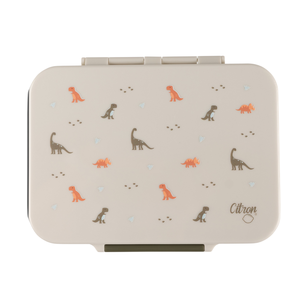 Lunchbox tritanowy Citron Dino 4-komorowy, 700 ml – szczelny, lekki, bez BPA, wzór: dinozaury, z pojemnikiem na sos