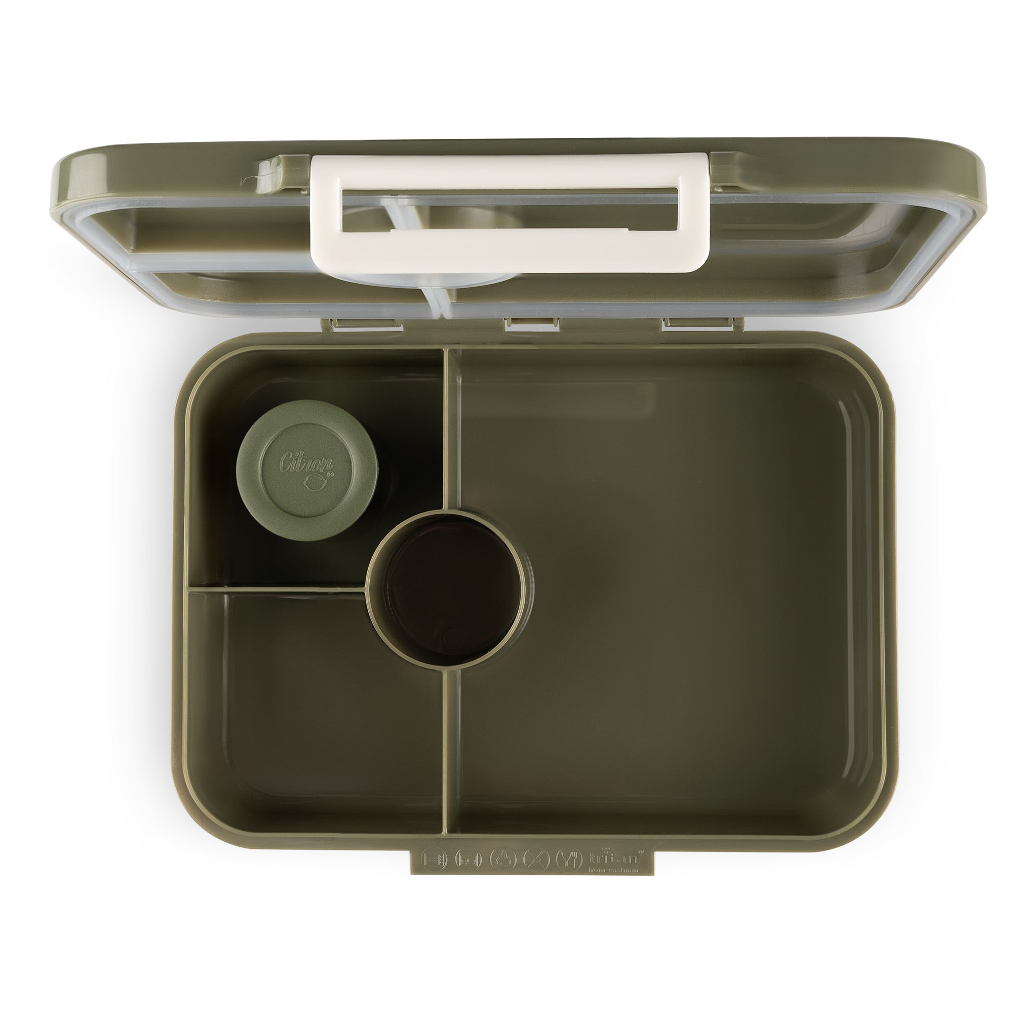 Lunchbox tritanowy Citron Olive Green 4-komorowy, 700 ml – szczelny, lekki, bez BPA, kolor: oliwkowy, z pojemnikiem na sos