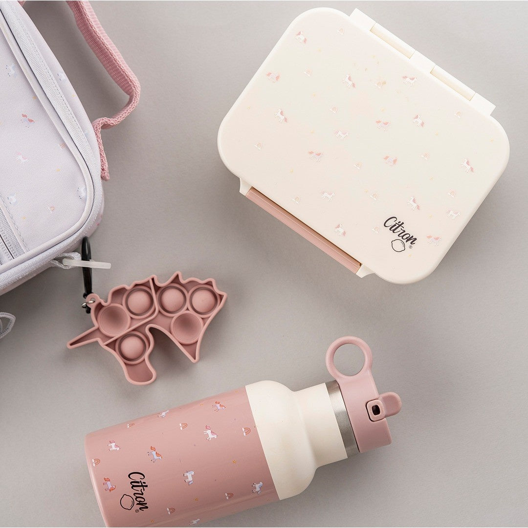Lunchbox tritanowy Citron Unicorn 4-komorowy, 700 ml – szczelny, lekki, bez BPA, jednorożce, z pojemnikiem na sos