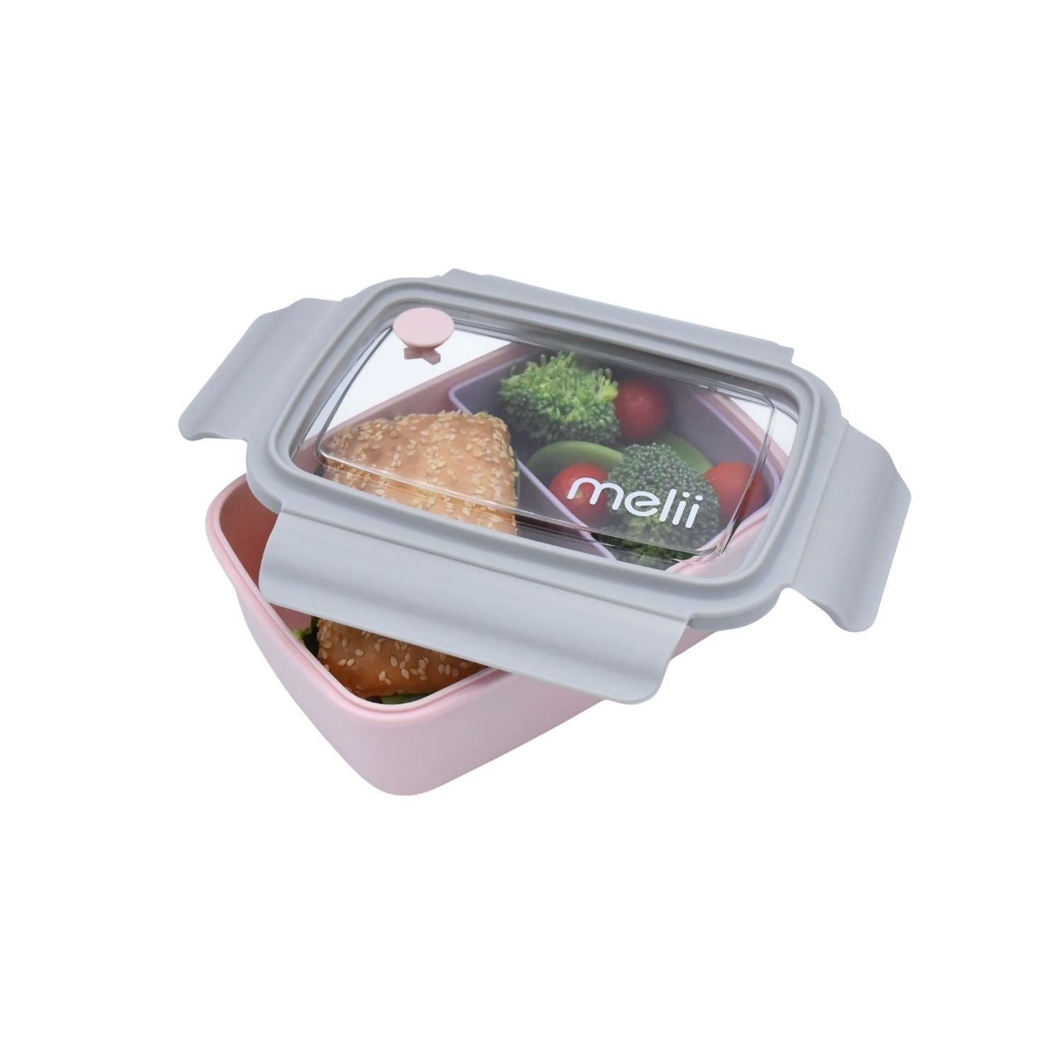Lunchbox z wyjmowanymi przegródkami dla dzieci Melii - trzy przegródki, 100% szczelny, łatwy do otwierania i bezpieczny dla zdrowia, silikon spożywczy, idealny do szkoły, kolor: różowy