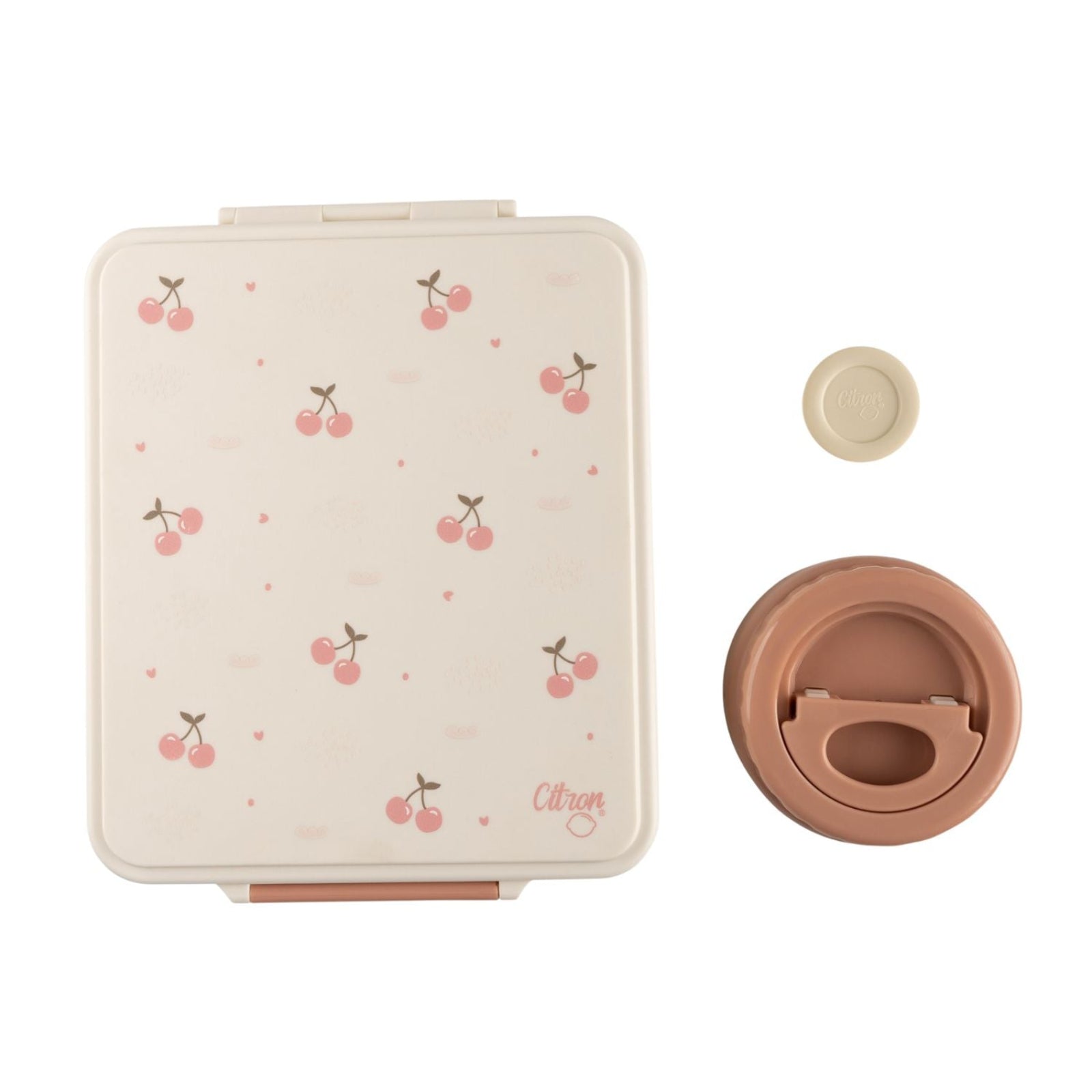 Grand Lunch Box Citron Cherry – śniadaniówka z 4 przegródkami i termosem, szczelna, stylowa i praktyczna, wzór: wiśnie