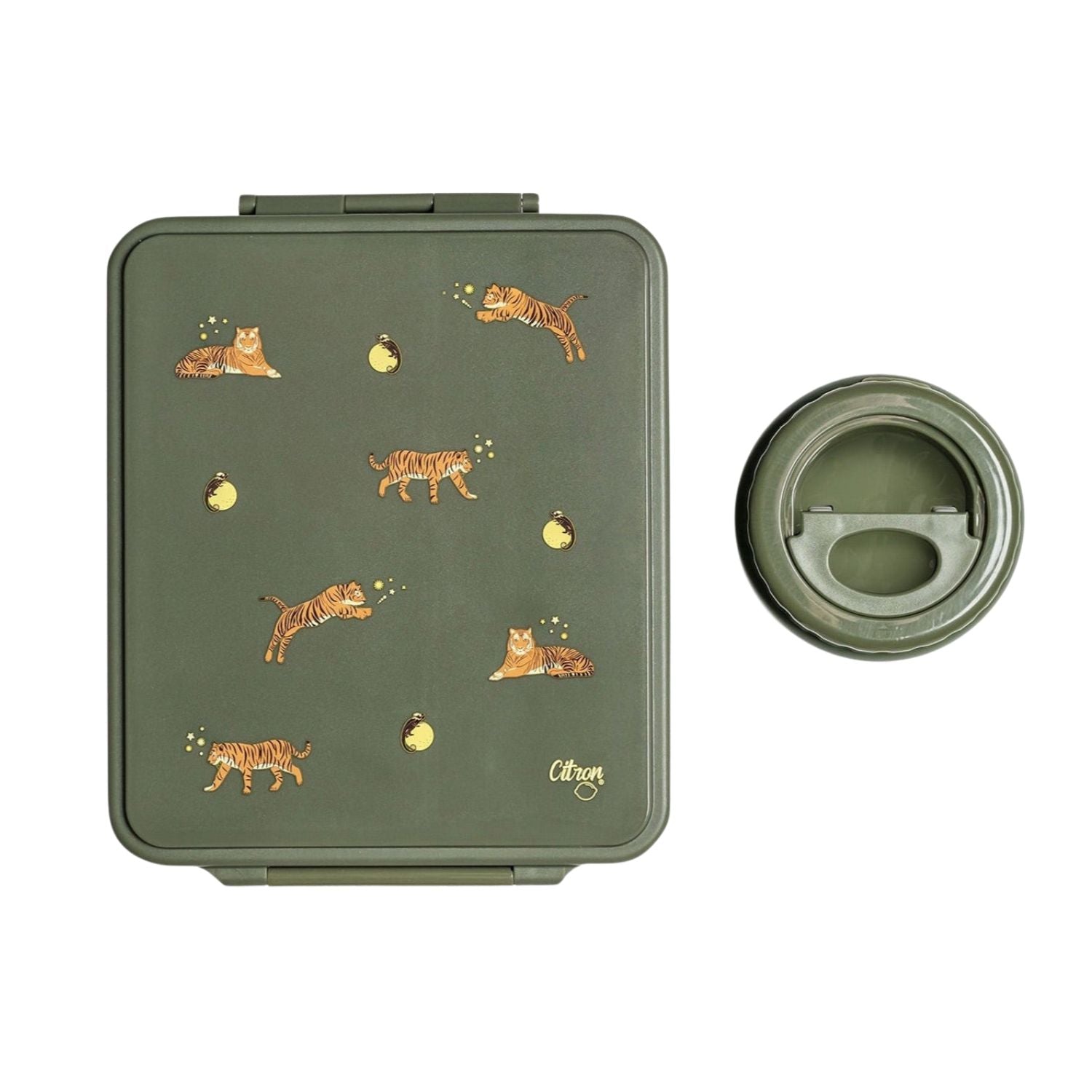 Grand Lunch Box Citron Tiger – śniadaniówka z 4 przegródkami i termosem, szczelna, stylowa i praktyczna, wzór: tygrysy
