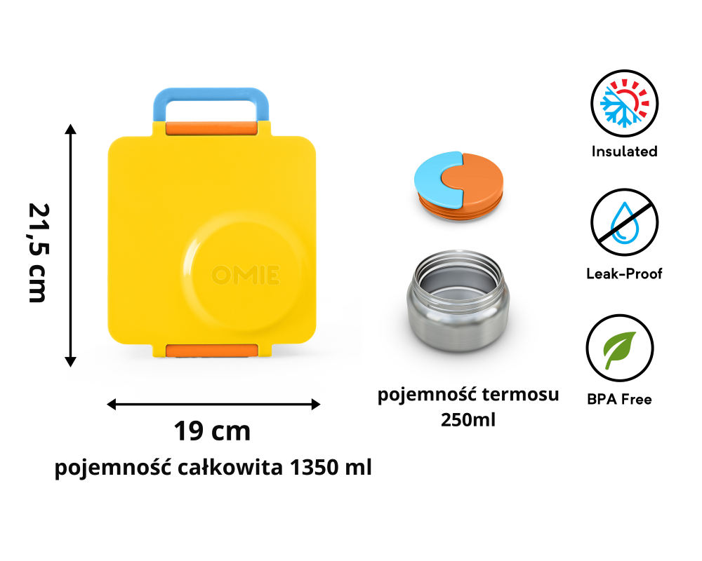 OmieBox Sunshine – żółty lunchbox z termosem, przegródkami i uchwytem, idealny do szkoły i przedszkola.