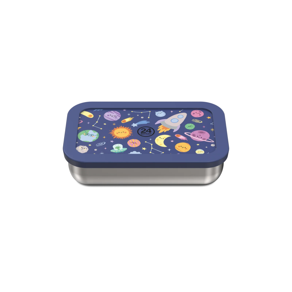 Kolorowy stalowy lunchbox 24Bottles Space Friends – 700 ml, łatwe otwieranie, bez BPA, świetny do plecaka dziecka