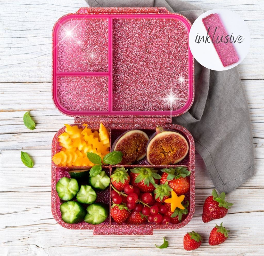 Kompaktowy różowy lunchbox z brokatem LekkaBox Glamour do przedszkola