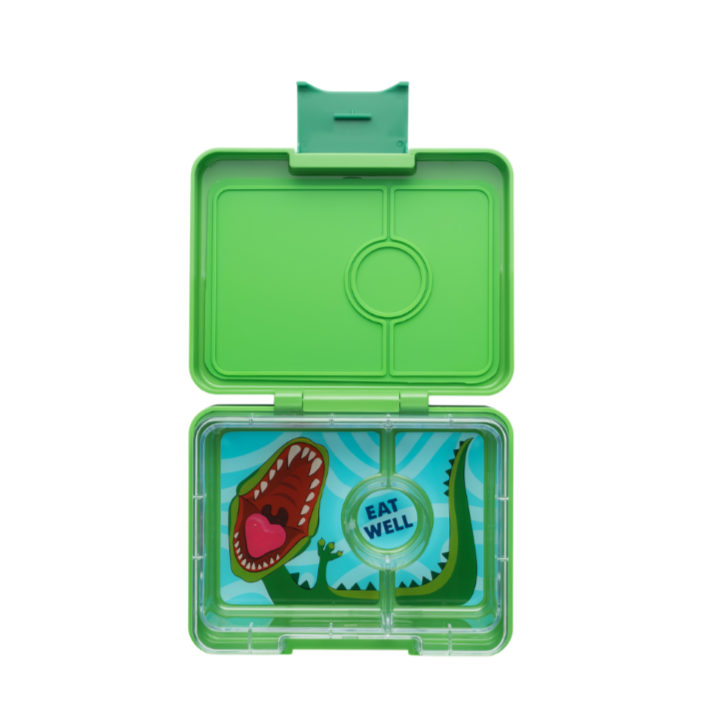 Yumbox Snack mini-lunchbox Jurassic Green /Dinosaur– kompaktowy lunchbox z 3 przegródkami i szczelną pokrywką dla dzieci, kolor: zielony