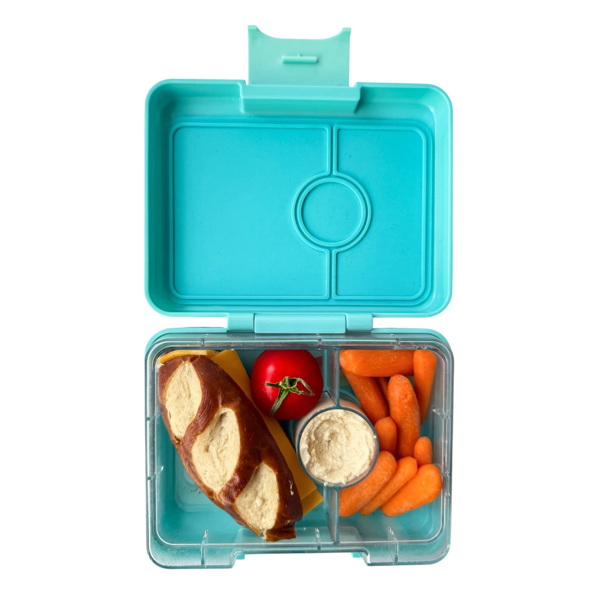 Yumbox Snack mini-lunchbox Miami Aqua/Rainbow Tray– kompaktowy lunchbox z 3 przegródkami i szczelną pokrywką dla dzieci, kolor: turkusowy