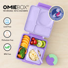 OmieBox Lilac Purple – pastelowo-fioletowy lunchbox z termosem, przegródkami i uchwytem, idealny do szkoły i przedszkola.
