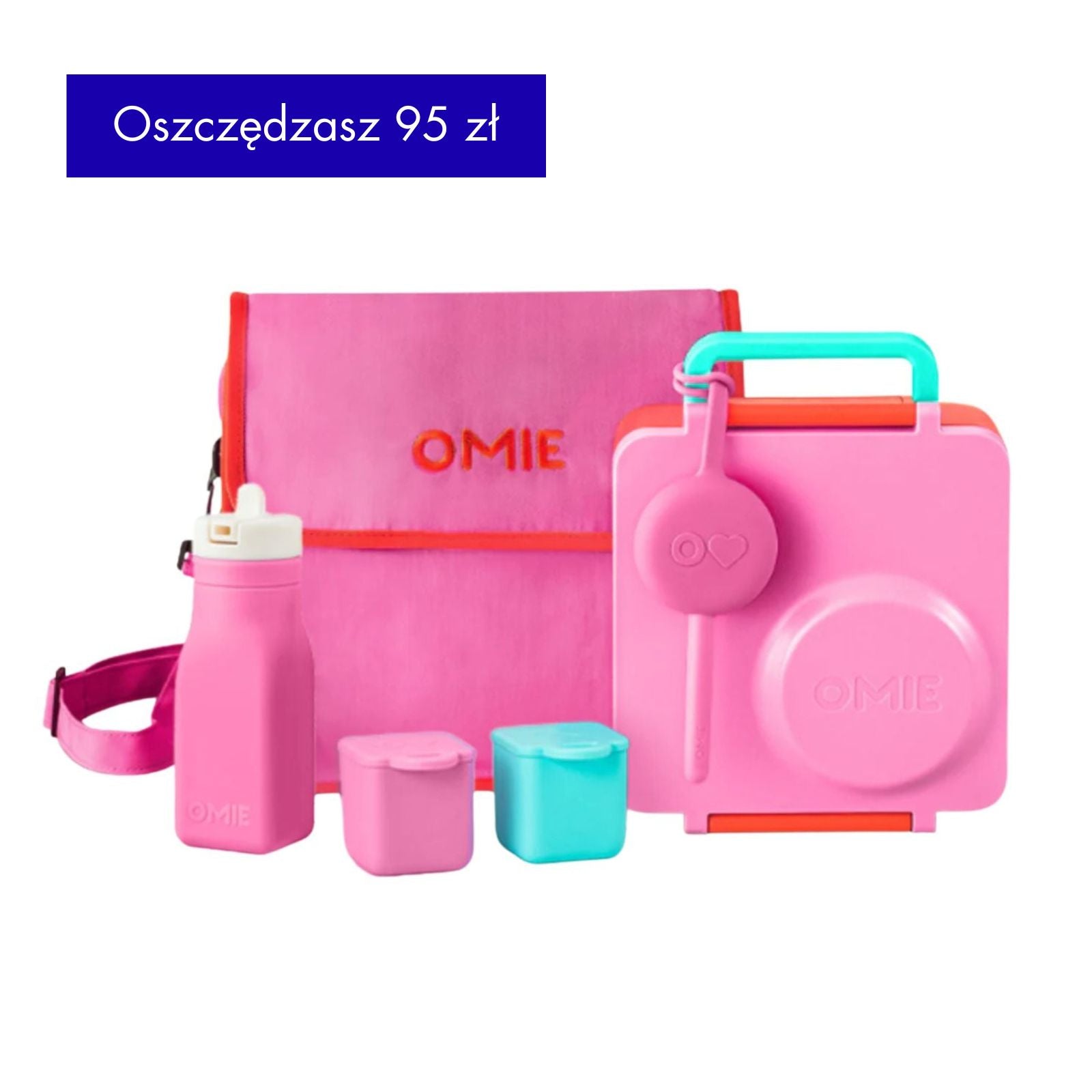 OmieBox Full Set Pink Berry - różowy zestaw lunch boxa z termosem, sztućcami, pojemniczkami, butelką i torbą termiczną; dopasowany kolorystycznie, z uchwytem i przegródkami