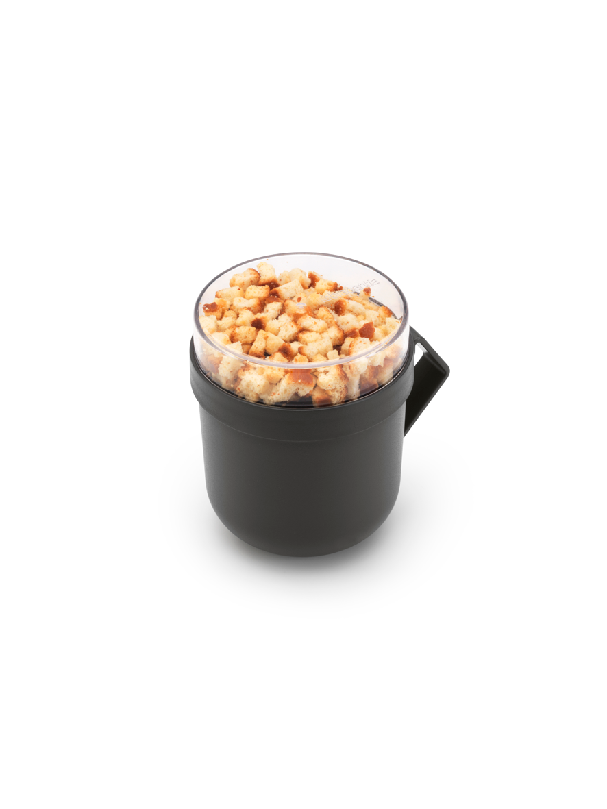 Pojemnik na owsiankę Make & Take Brabantia – szczelny kubek 600 ml z odkręcanym pojemnikiem na dodatki, idealny do pracy i szkoły, bezpieczny, wielofunkcyjny i ekologiczny, kolor: czarny 