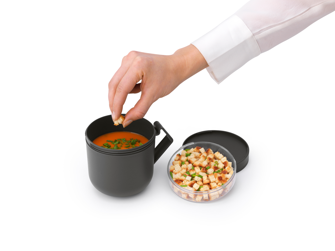 Pojemnik na owsiankę Make & Take Brabantia – szczelny kubek 600 ml z odkręcanym pojemnikiem na dodatki, idealny do pracy i szkoły, bezpieczny, wielofunkcyjny i ekologiczny, kolor: czarny 