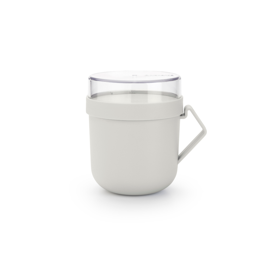 Pojemnik na owsiankę Make & Take Brabantia – szczelny kubek 600 ml z odkręcanym pojemnikiem na dodatki, idealny do pracy i szkoły, bezpieczny, wielofunkcyjny i ekologiczny, kolor: szary