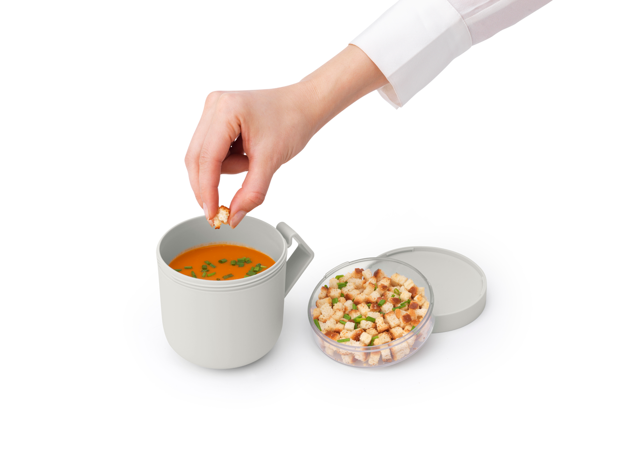 Pojemnik na owsiankę Make & Take Brabantia – szczelny kubek 600 ml z odkręcanym pojemnikiem na dodatki, idealny do pracy i szkoły, bezpieczny, wielofunkcyjny i ekologiczny, kolor: szary