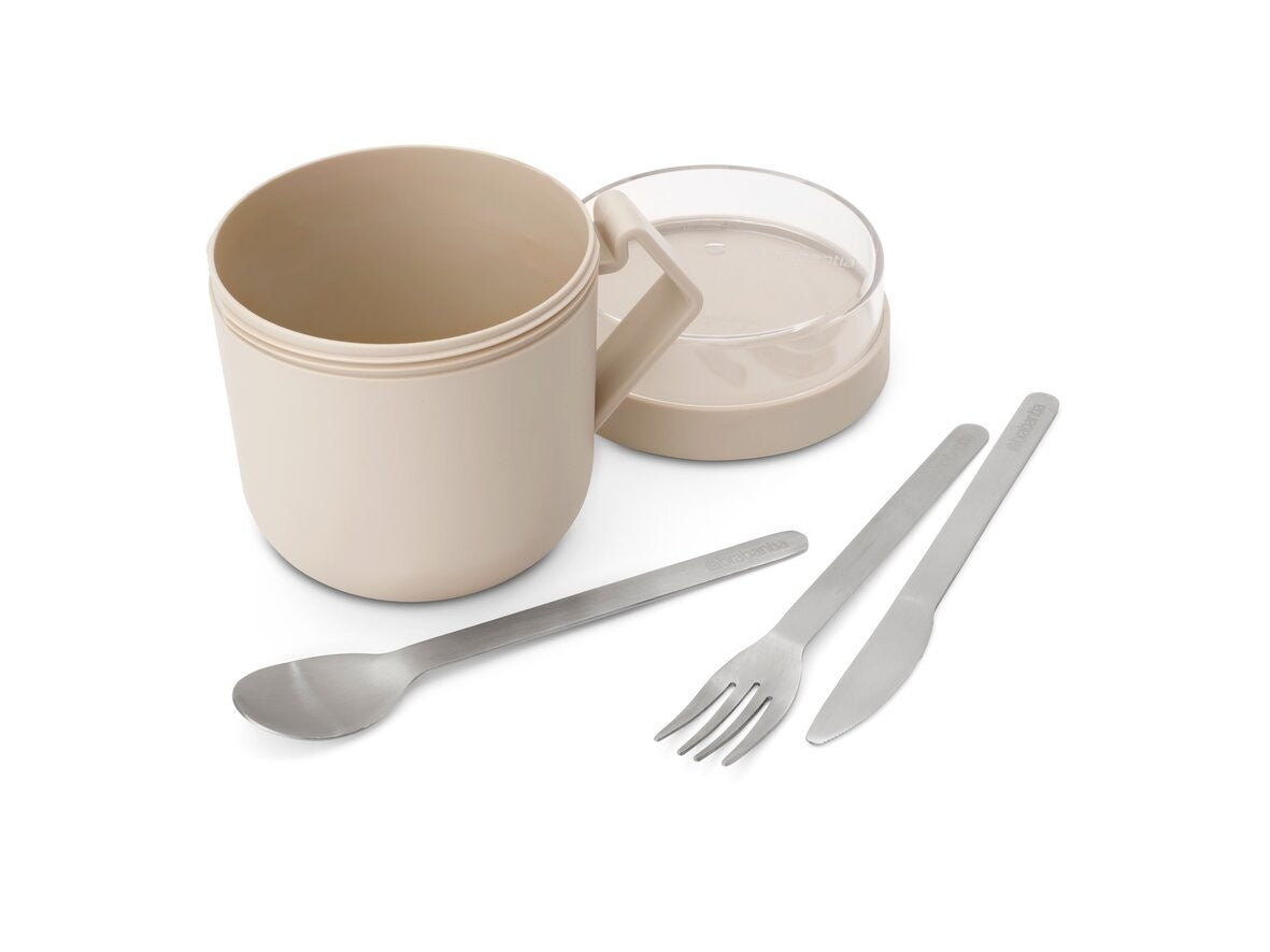 Pojemnik na owsiankę Make & Take Brabantia – szczelny kubek 600 ml z odkręcanym pojemnikiem na dodatki, do pracy i szkoły, bezpieczny, wielofunkcyjny i ekologiczny, kolor: beżowy