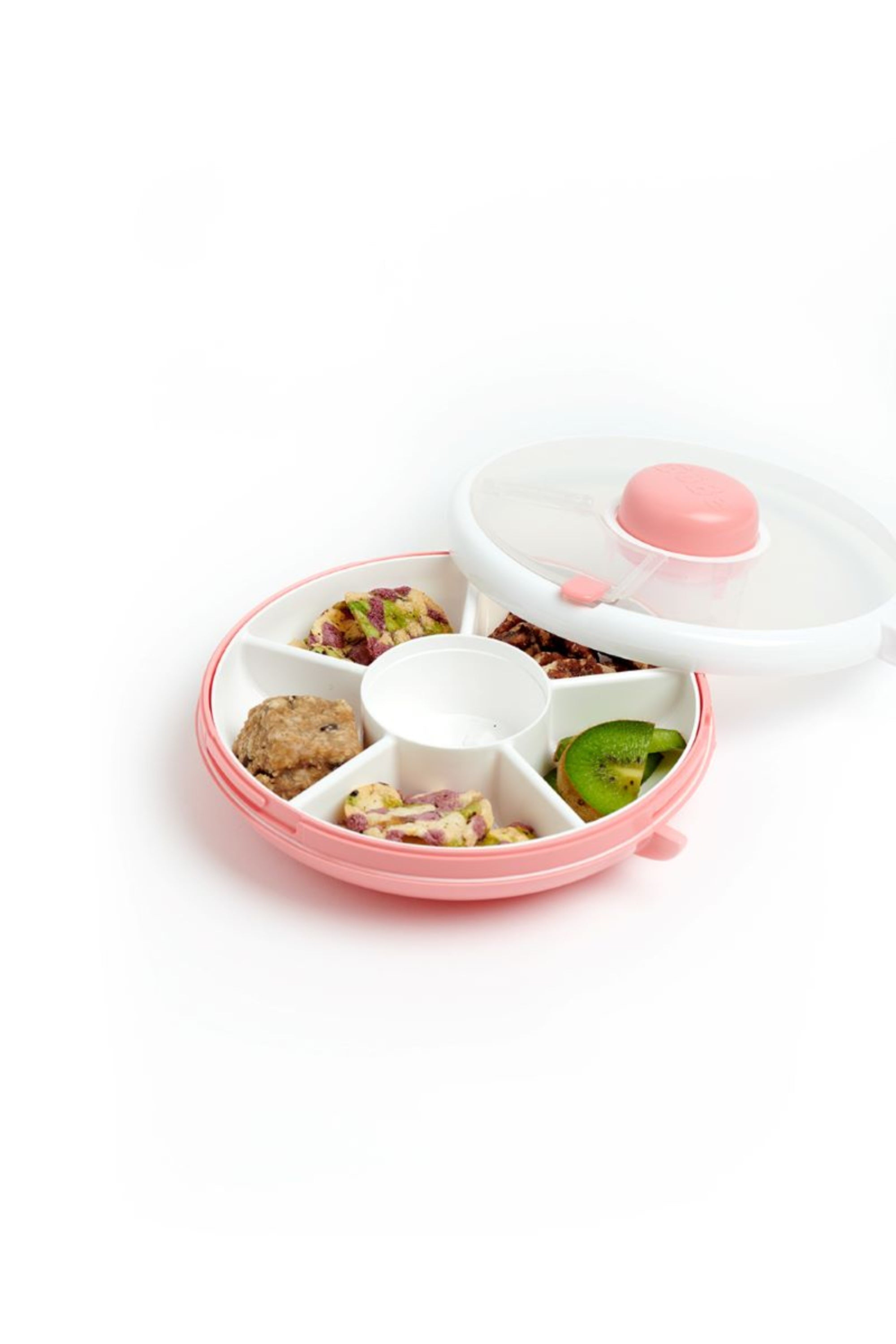 GoBe Snack Spinner – pojemnik na przekąski, interaktywny, szczelny i łatwy w obsłudze, kolor: coral pink