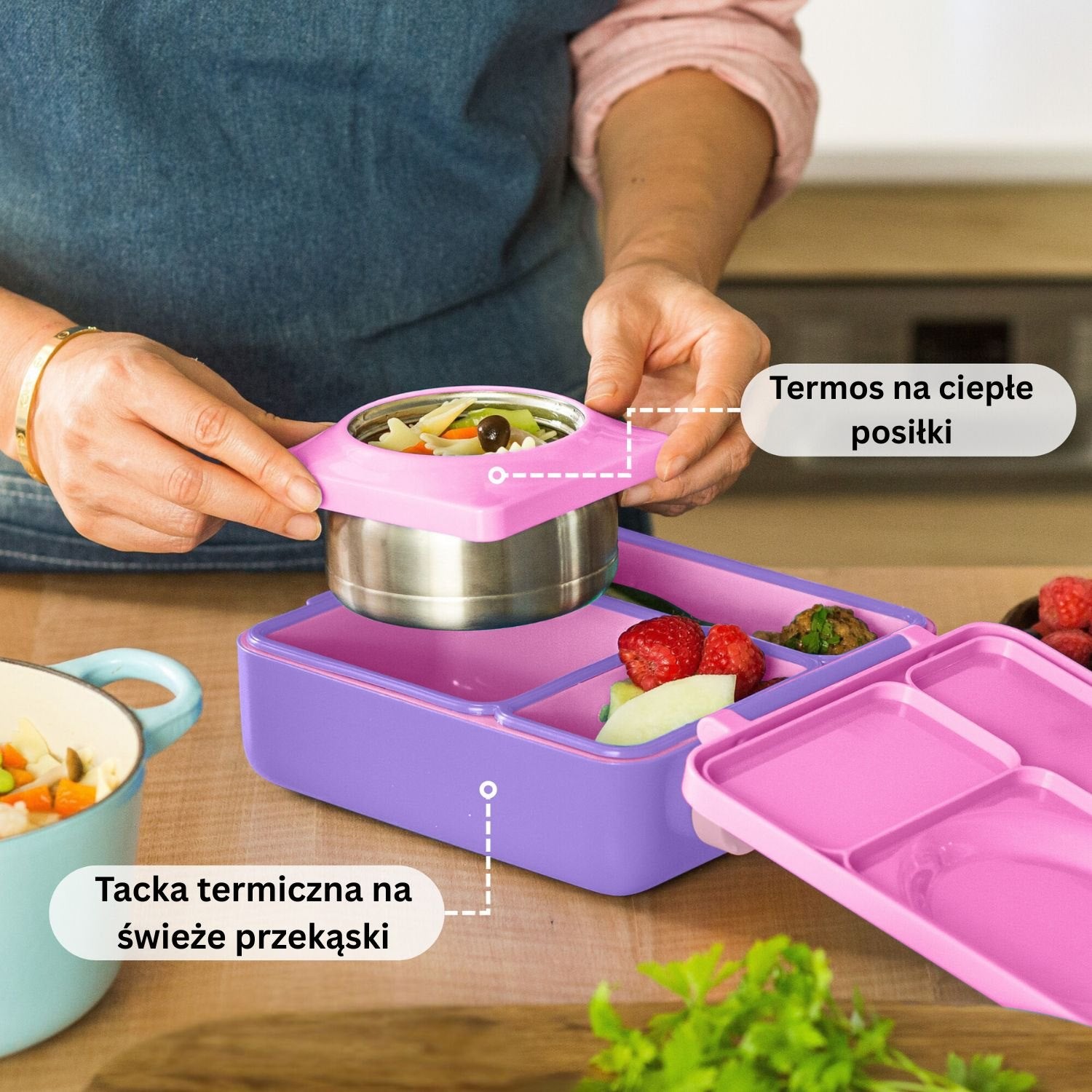 OmieBox Unicorn Pink – pastelowo-różowy lunchbox z termosem, przegródkami i uchwytem, idealny do szkoły i przedszkola.