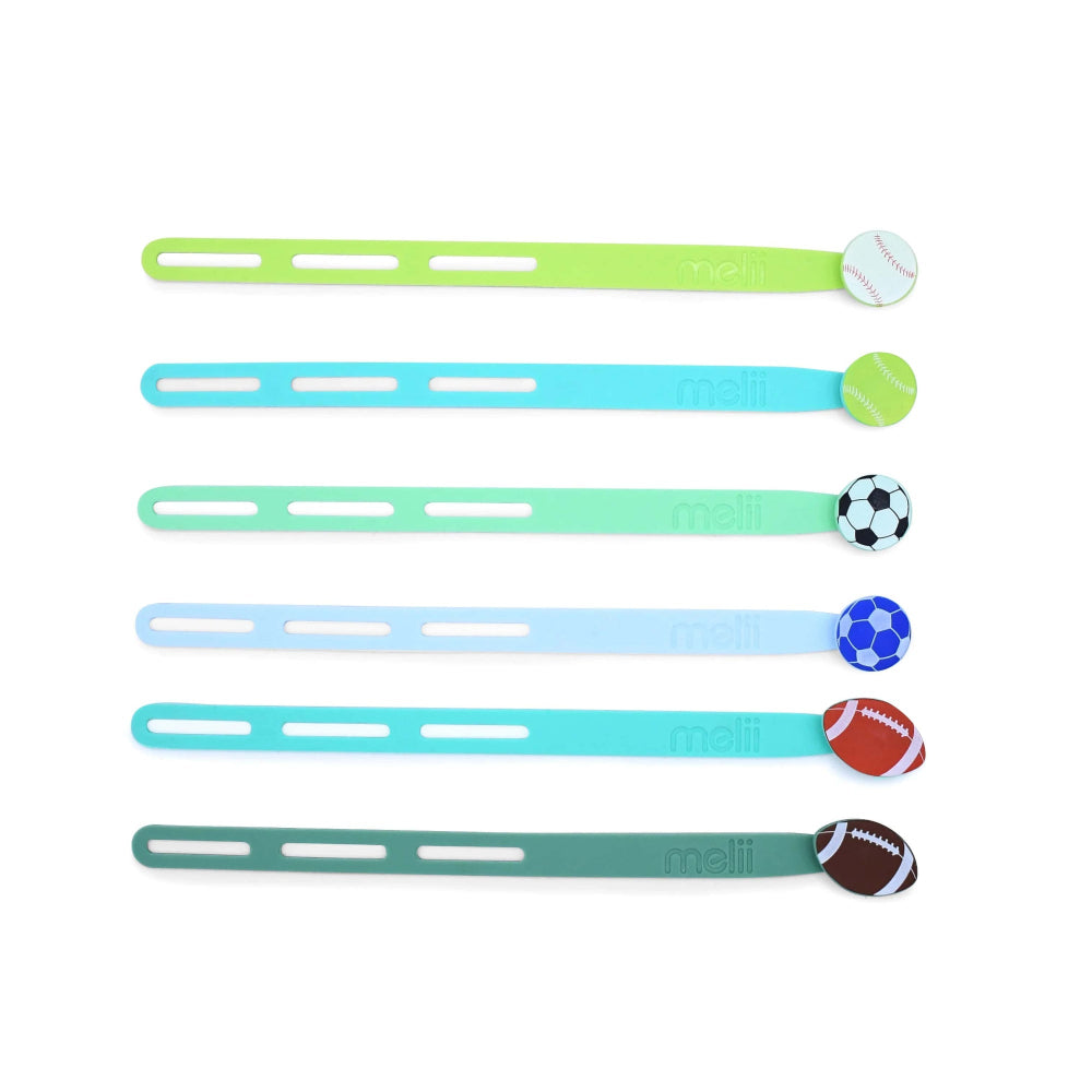 Silikonowe opaski do wrapów Melii - 6 szt., idealne dla chłopca, do owijania jedzenia i woreczków, proste w użyciu, 100% bezpieczne, wzór: piłki