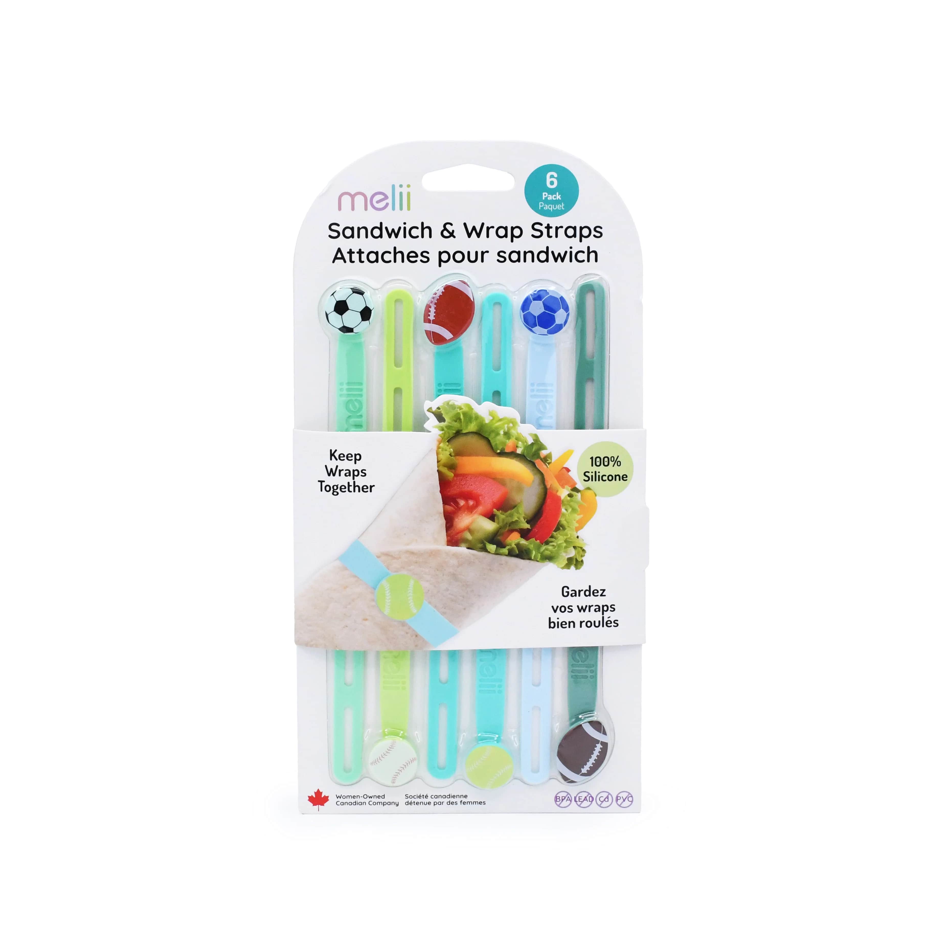 Silikonowe opaski do wrapów Melii - 6 szt., idealne dla chłopca, do owijania jedzenia i woreczków, proste w użyciu, 100% bezpieczne, wzór: piłki