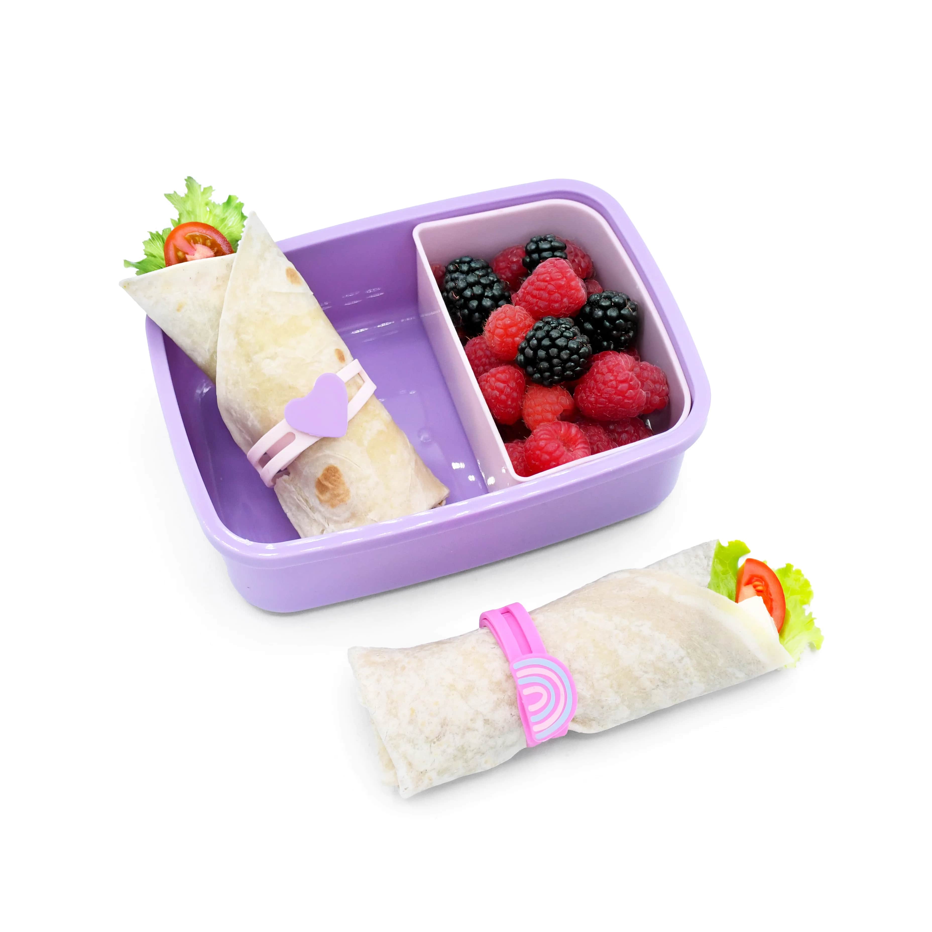 Silikonowe opaski do wrapów Melii - 6 szt., idealne dla dziewczynki, do owijania jedzenia i woreczków, proste w użyciu, 100% bezpieczne, wzór: serce/tęcza/gwiazda