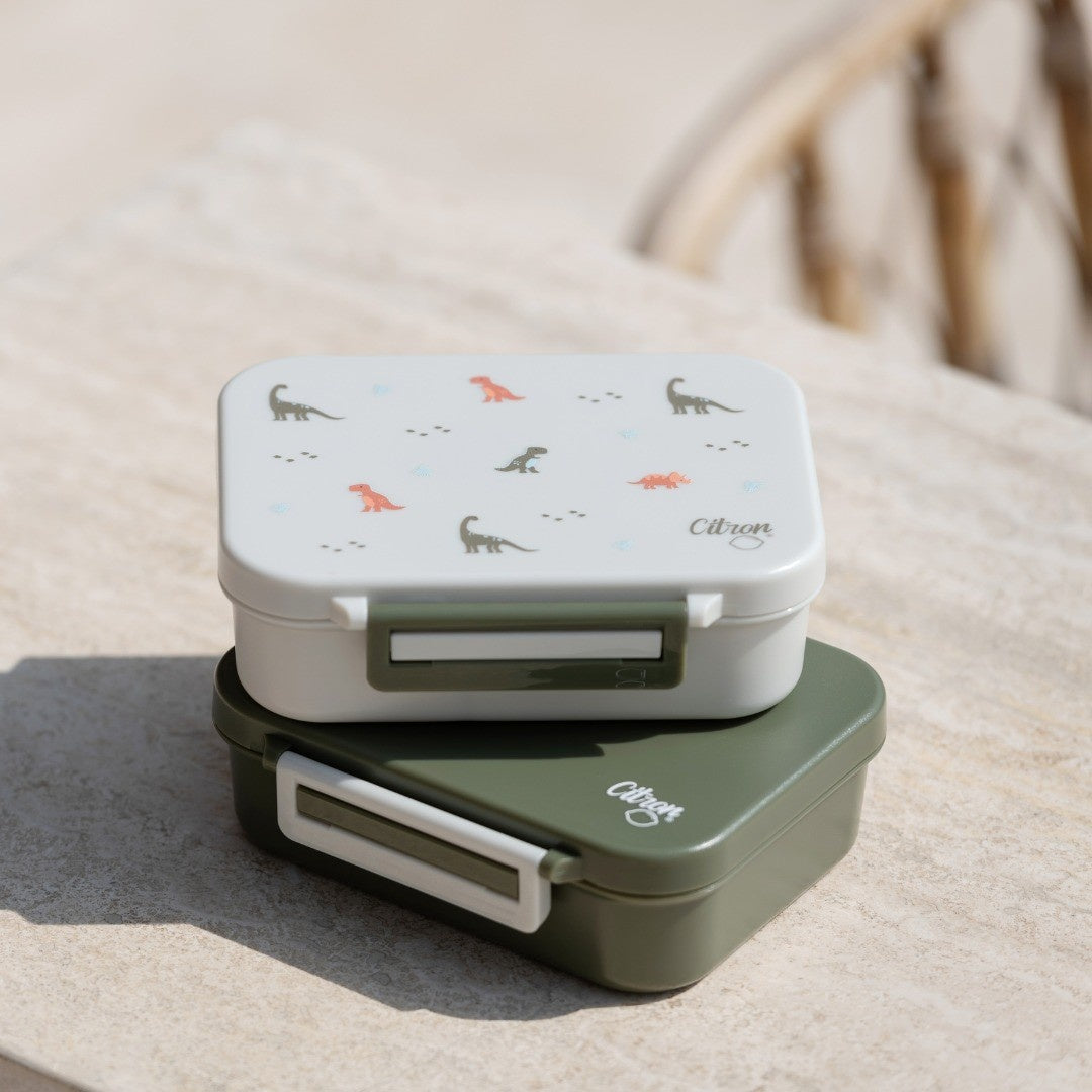 Citron Snack Box Dino tritanowy pojemnik na przekąski - 3 przegródki, szczelny, łączony silikon, bez BPA, wzór: dinozaury