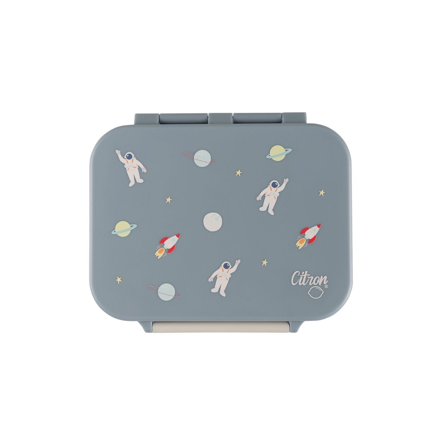 Citron Snack Box Vehicles tritanowy niebieski pojemnik na przekąski - 3 przegródki, szczelny, łączony silikon, bez BPA, wzór: kosmos