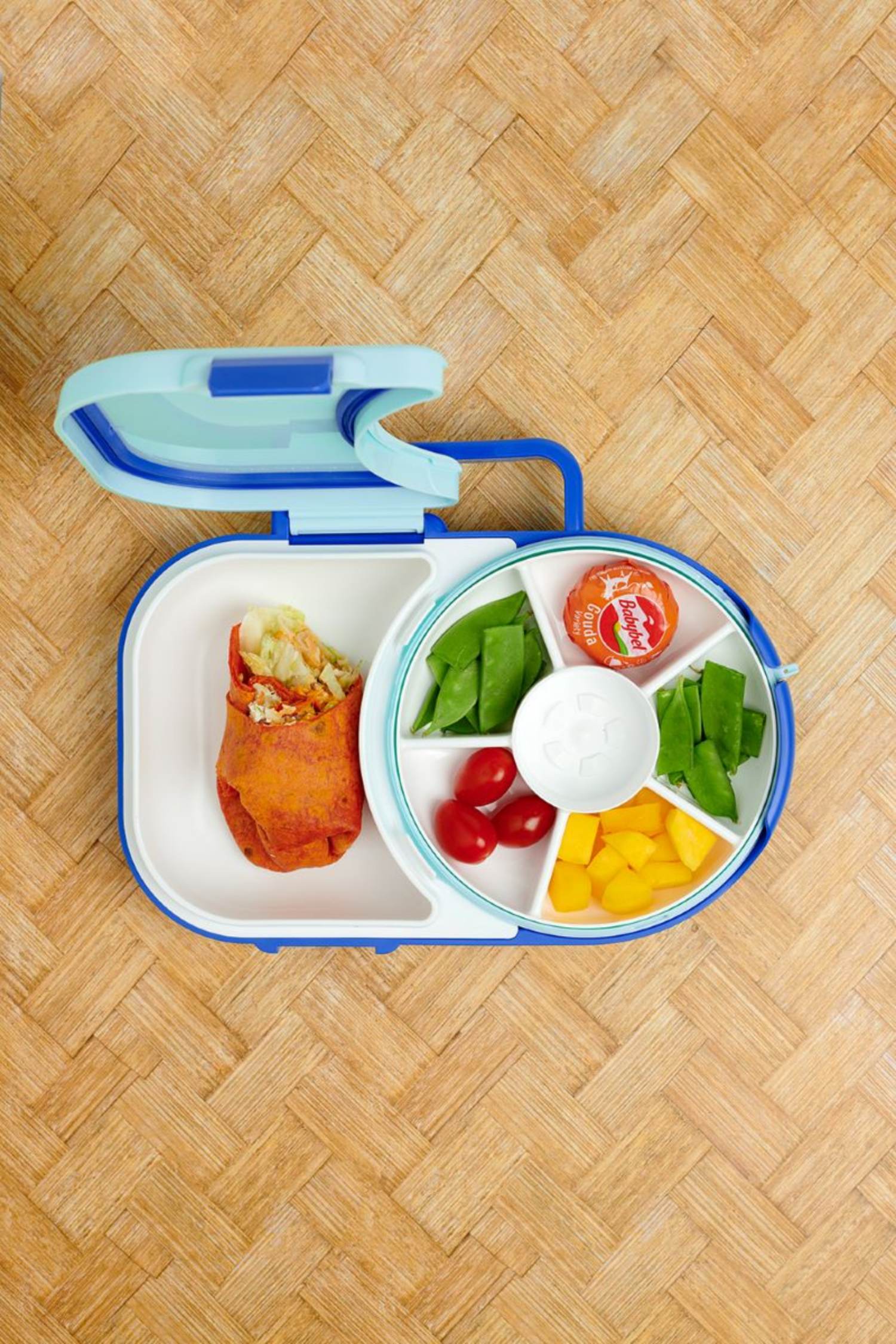 Śniadaniówka GoBe 2w1 – lunchbox i pojemnik na przekąski dla dzieci, interaktywny, do szkoły i przedszkola, kolor: blueberry blue