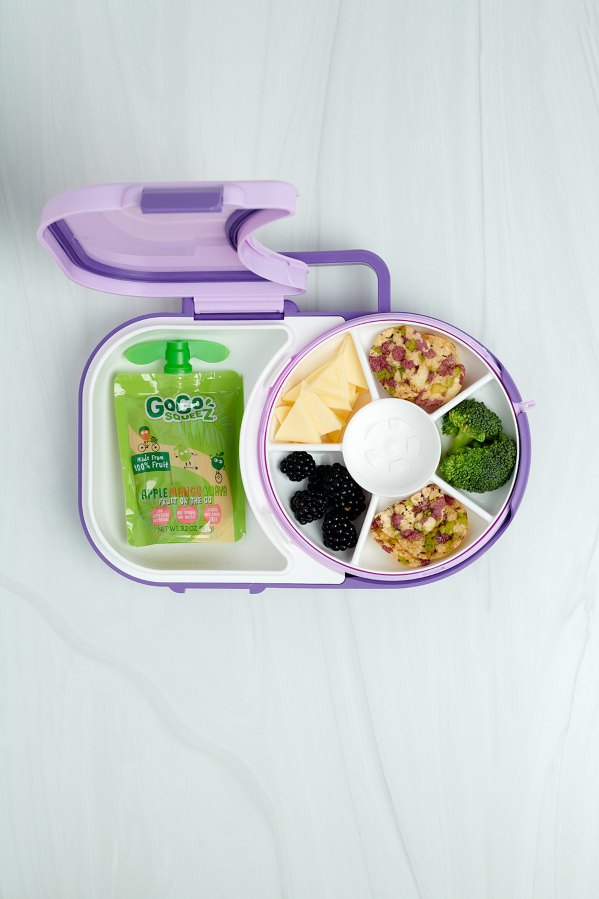 Śniadaniówka GoBe 2w1 – lunchbox i pojemnik na przekąski dla dzieci, interaktywny, do szkoły i przedszkola, kolor: grape purple