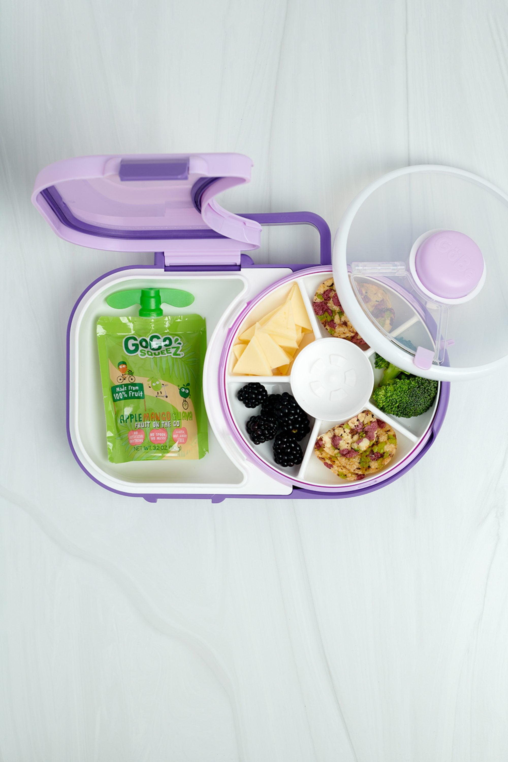 Śniadaniówka GoBe 2w1 – lunchbox i pojemnik na przekąski dla dzieci, interaktywny, do szkoły i przedszkola, kolor: grape purple