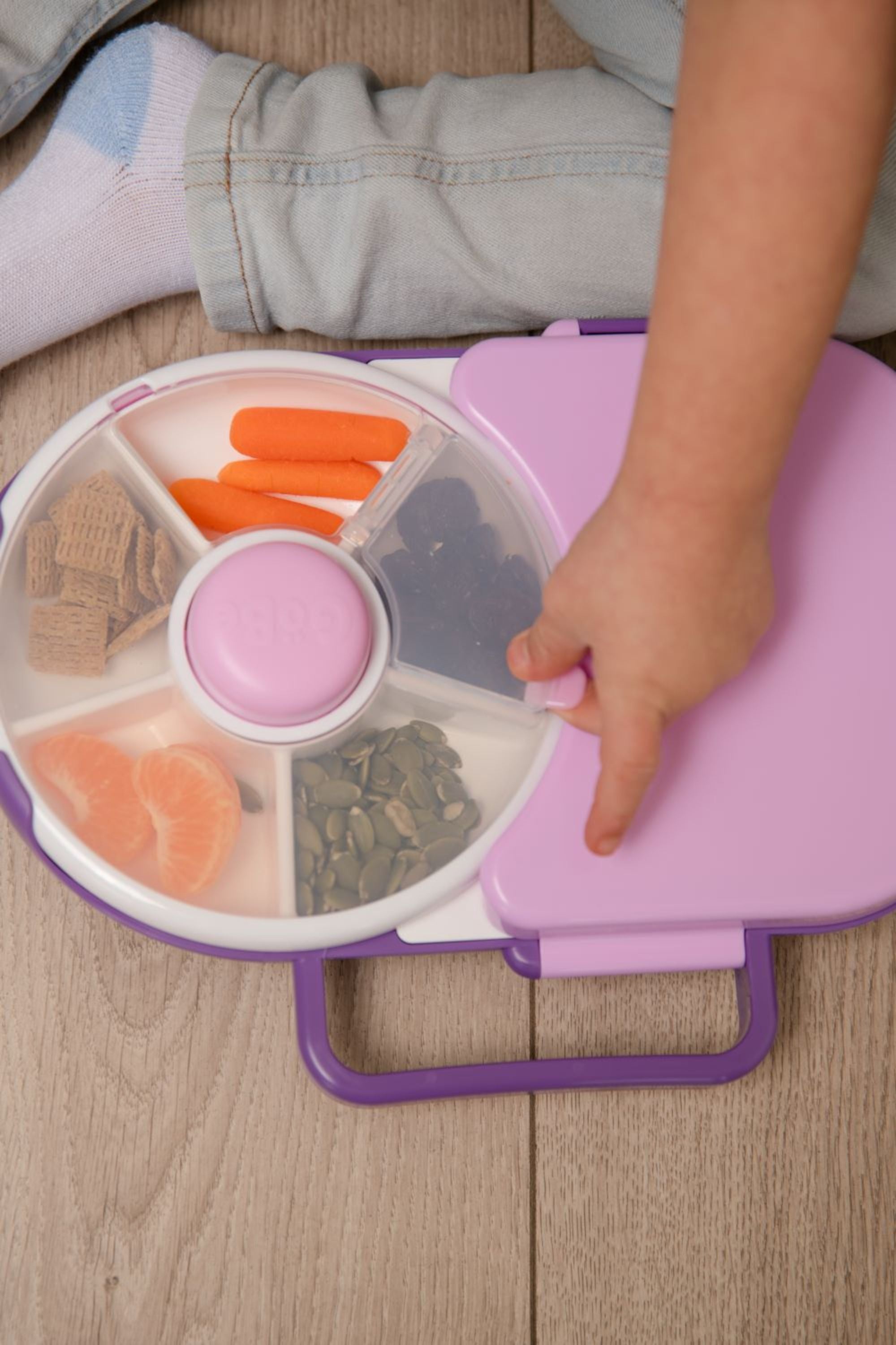 Śniadaniówka GoBe 2w1 – lunchbox i pojemnik na przekąski dla dzieci, interaktywny, do szkoły i przedszkola, kolor: grape purple