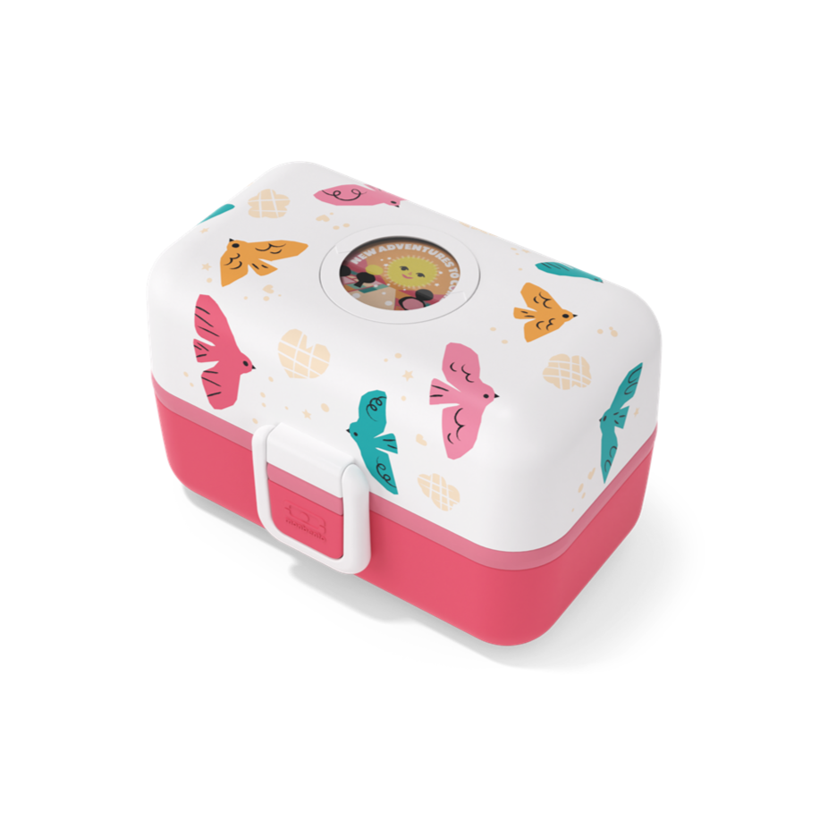 Monbento Tresor Birds – lunchbox dla dzieci z 3 pojemnikami. Lekki, szczelny i łatwy w otwieraniu. Idealny do szkoły, na wycieczkę i piknik, wzór: ptaszki