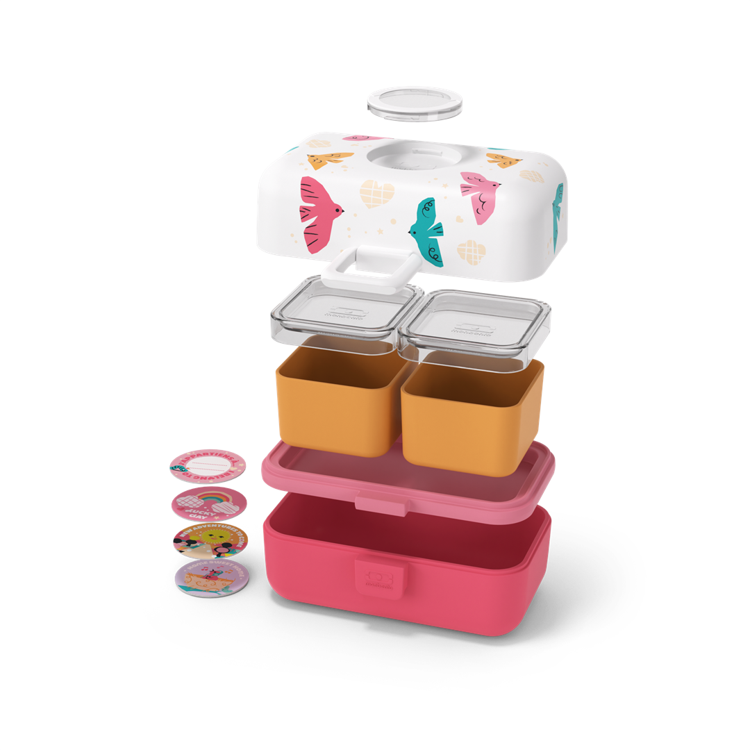 Monbento Tresor Birds – lunchbox dla dzieci z 3 pojemnikami. Lekki, szczelny i łatwy w otwieraniu. Idealny do szkoły, na wycieczkę i piknik, wzór: ptaszki