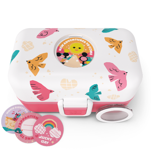 Monbento Tresor Birds – lunchbox dla dzieci z 3 pojemnikami. Lekki, szczelny i łatwy w otwieraniu. Idealny do szkoły, na wycieczkę i piknik, wzór: ptaszki