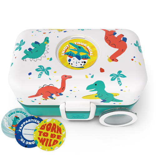Monbento Tresor Dino – lunchbox dla dzieci z 3 pojemnikami. Lekki, szczelny i łatwy w otwieraniu. Idealny do szkoły, na wycieczkę i piknik, wzór: dinozaury
