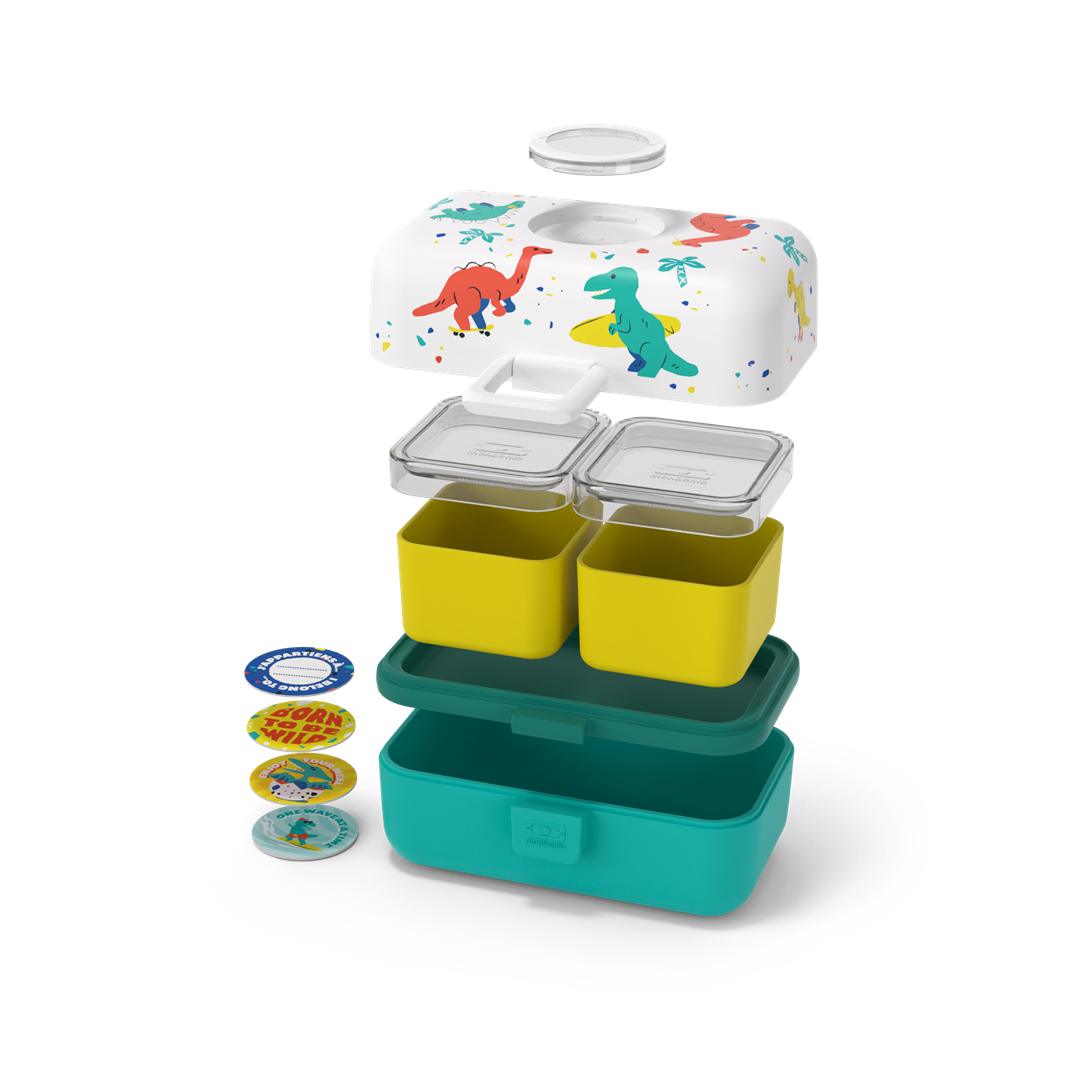 Monbento Tresor Dino – lunchbox dla dzieci z 3 pojemnikami. Lekki, szczelny i łatwy w otwieraniu. Idealny do szkoły, na wycieczkę i piknik, wzór: dinozaury