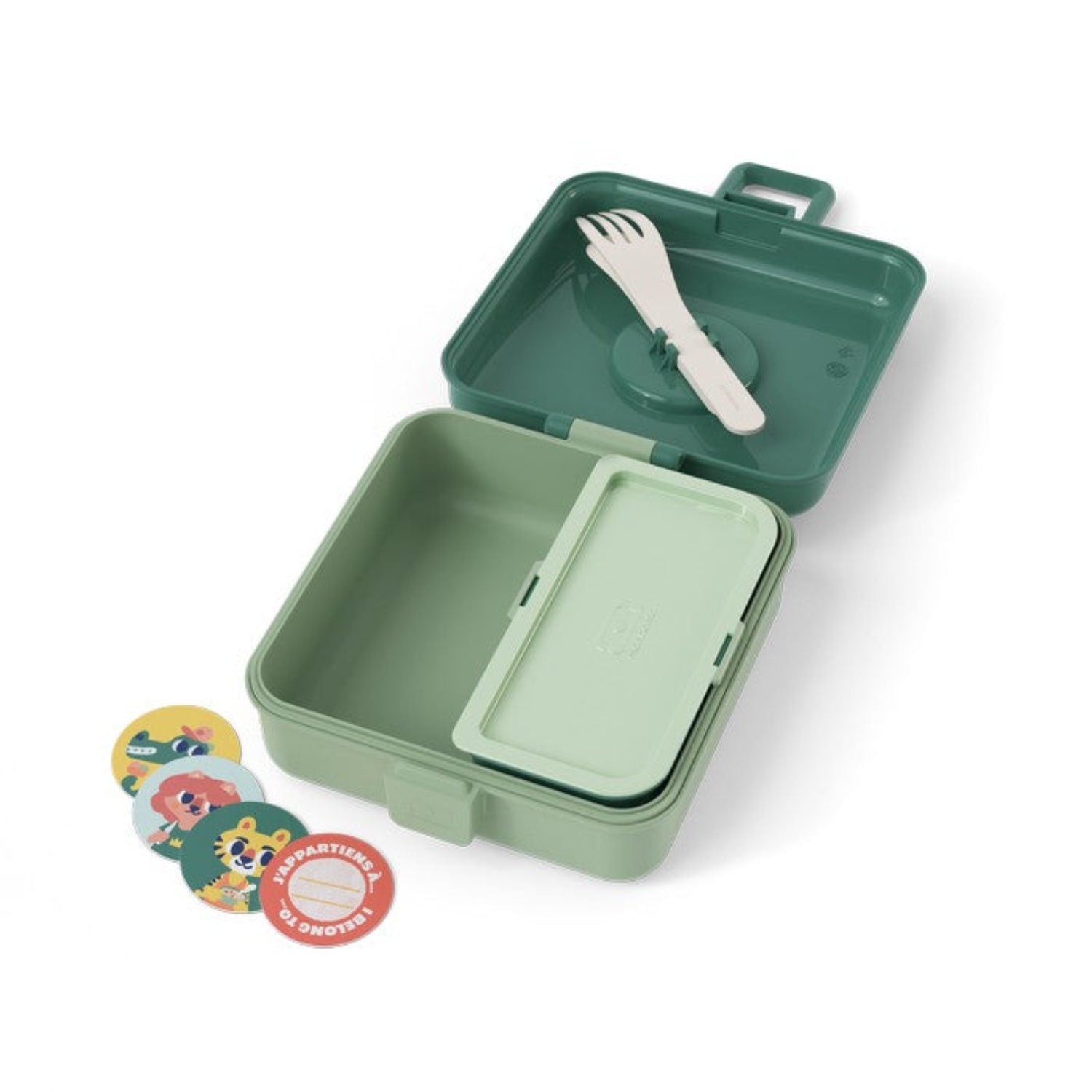 Lunchbox Monbento Snacky Forest – lekki, szczelny i bez BPA, z uchwytem, małym pojemniczkiem i sztućcami, kolor: zielony