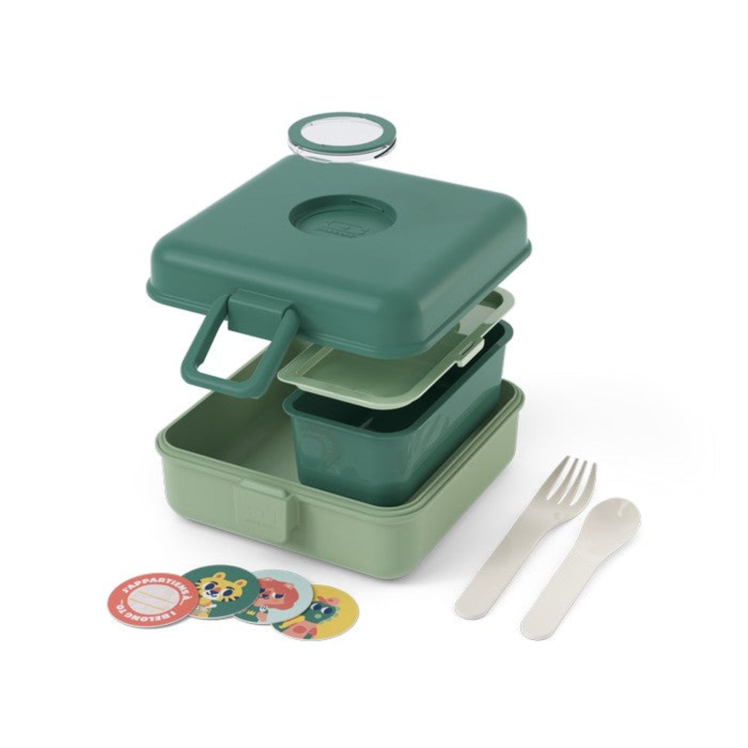 Lunchbox Monbento Snacky Forest – lekki, szczelny i bez BPA, z uchwytem, małym pojemniczkiem i sztućcami, kolor: zielony