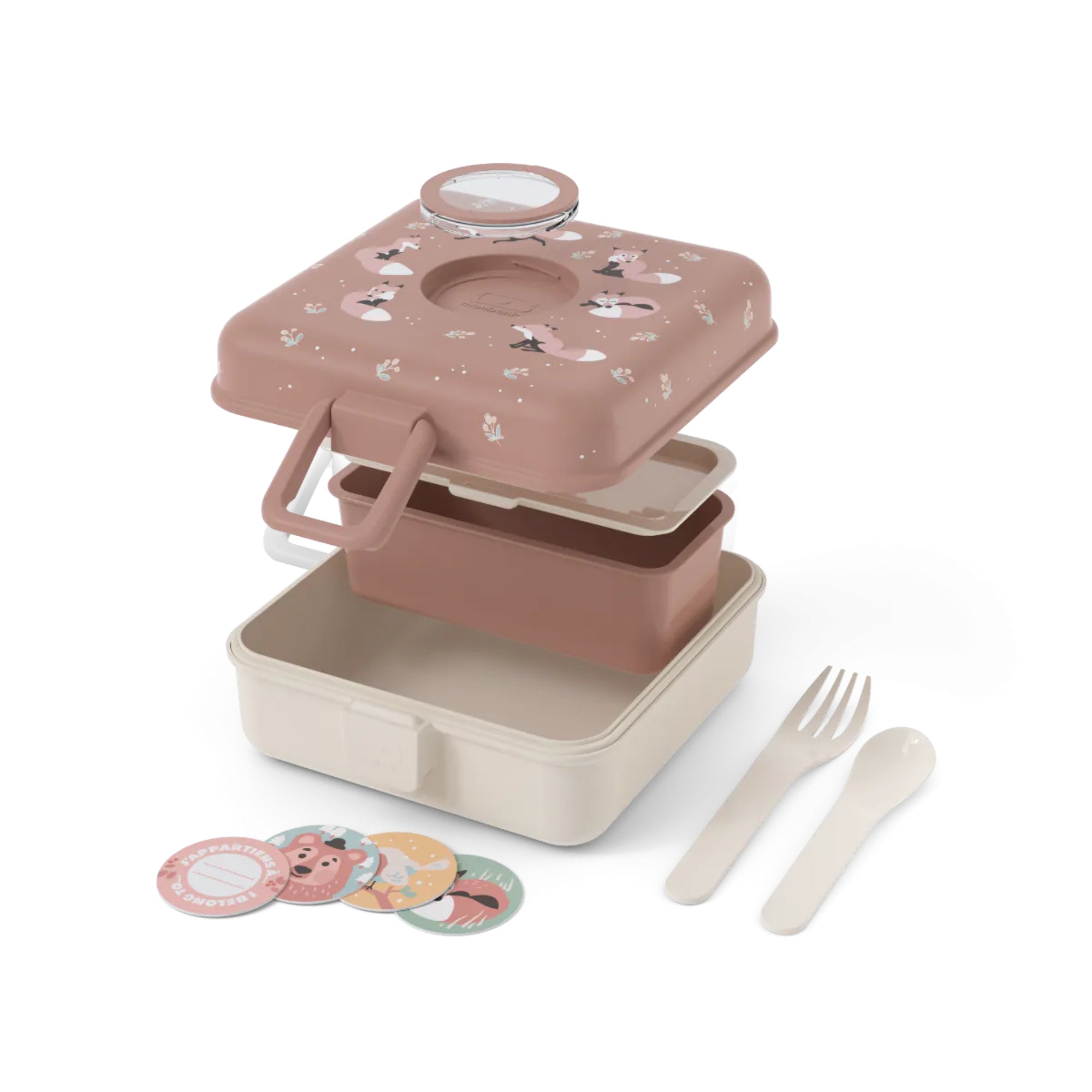 Lunchbox Monbento Snacky Fox – lekki, szczelny i bez BPA, z uchwytem, małym pojemniczkiem i sztućcami, wzór: lisy