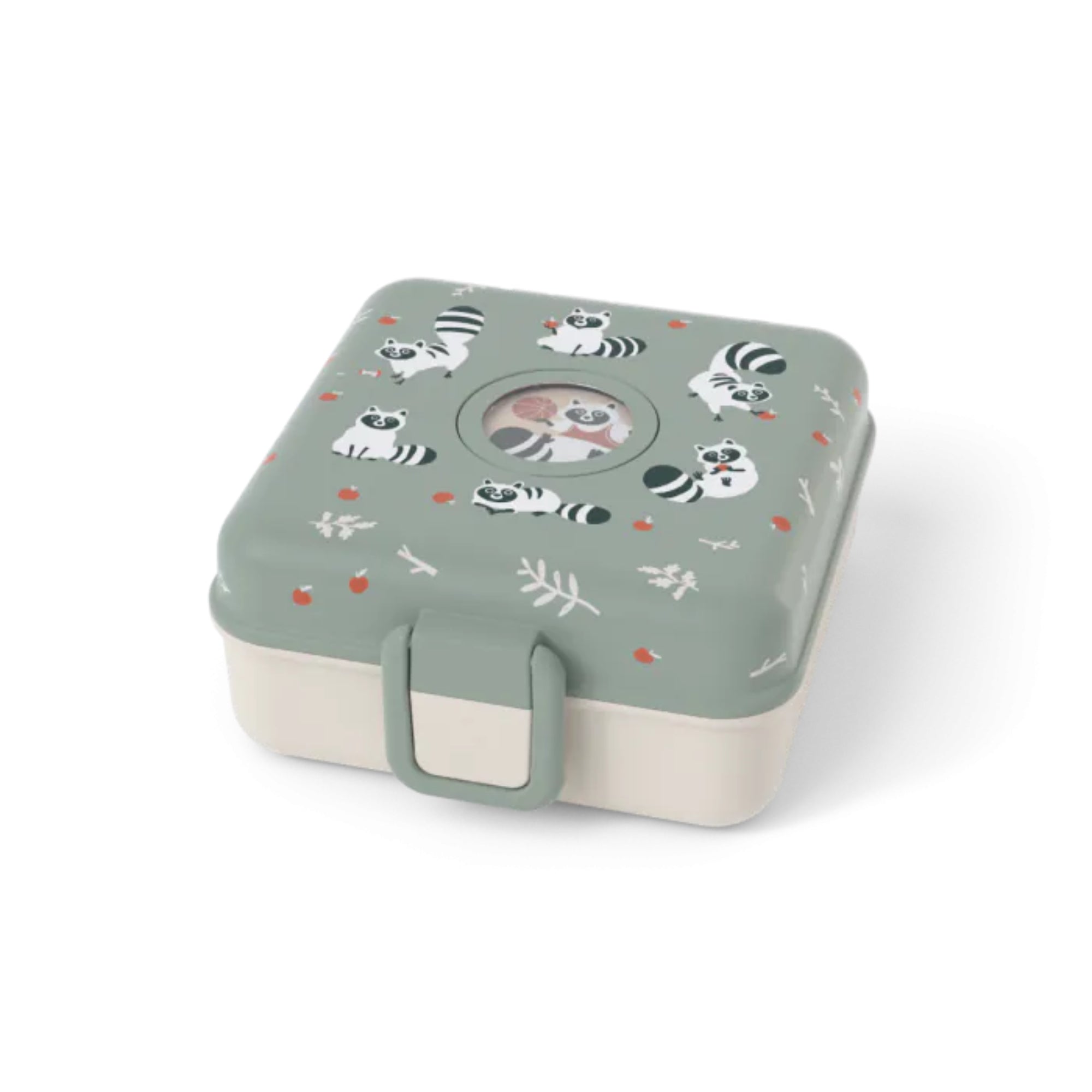 Lunchbox Monbento Snacky Racoon – lekki, szczelny i bez BPA, z uchwytem, małym pojemniczkiem i sztućcami, wzór: szop