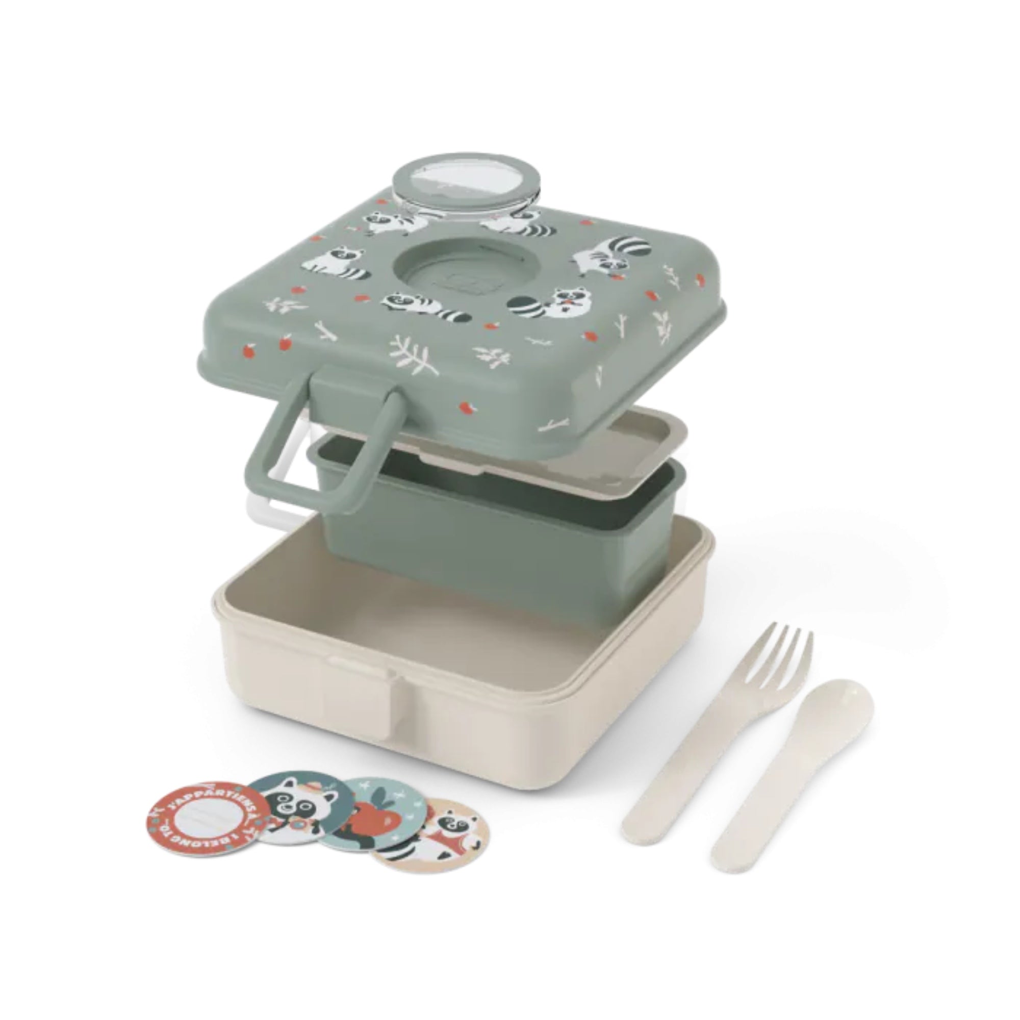Lunchbox Monbento Snacky Racoon – lekki, szczelny i bez BPA, z uchwytem, małym pojemniczkiem i sztućcami, wzór: szop