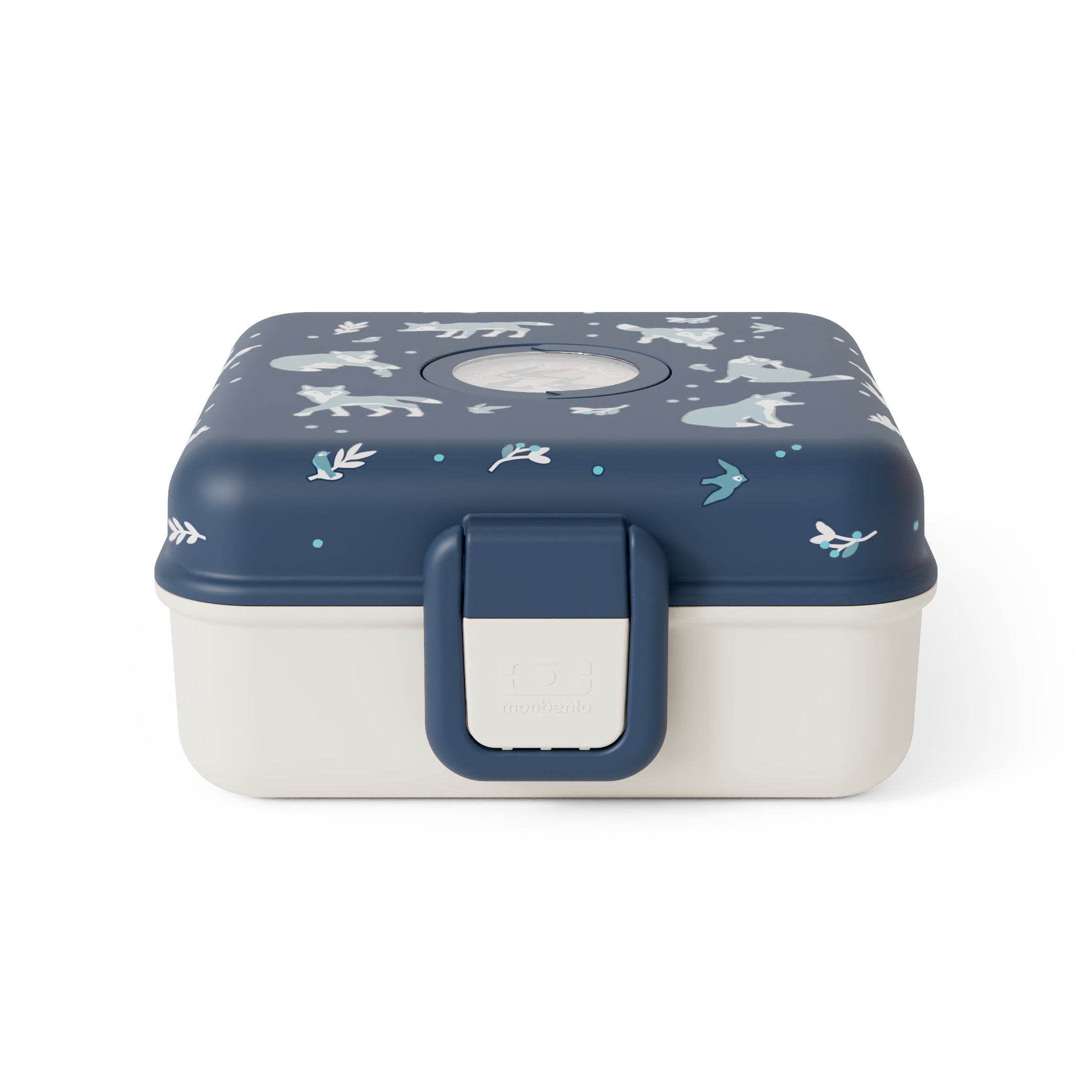 Lunchbox Monbento Snacky Wolf – lekki, szczelny i bez BPA, z uchwytem, małym pojemniczkiem i sztućcami, wzór: wilki